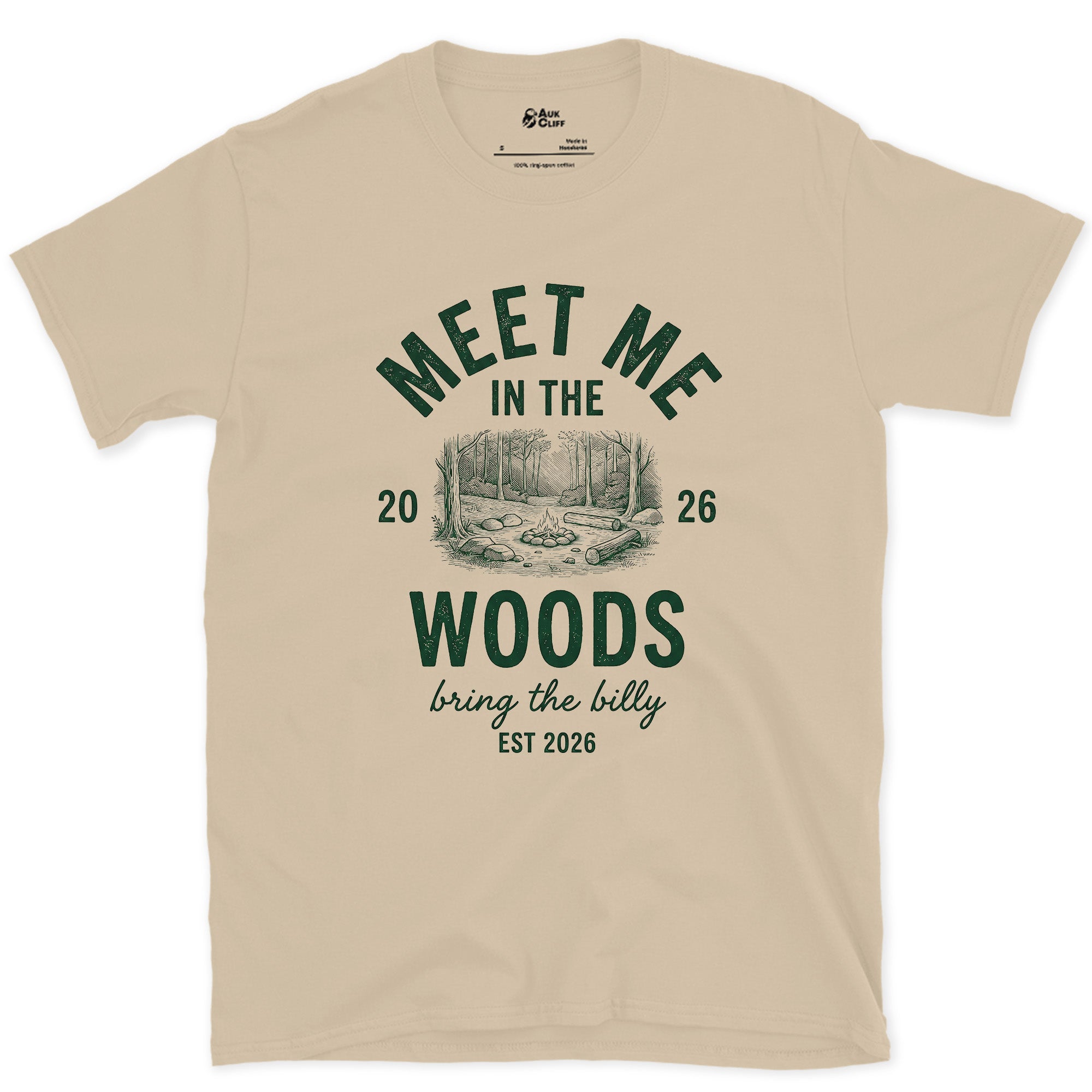 Meet Me in the Woods, Bring the Billy design on a Sand Gildan Softstyle t-shirt