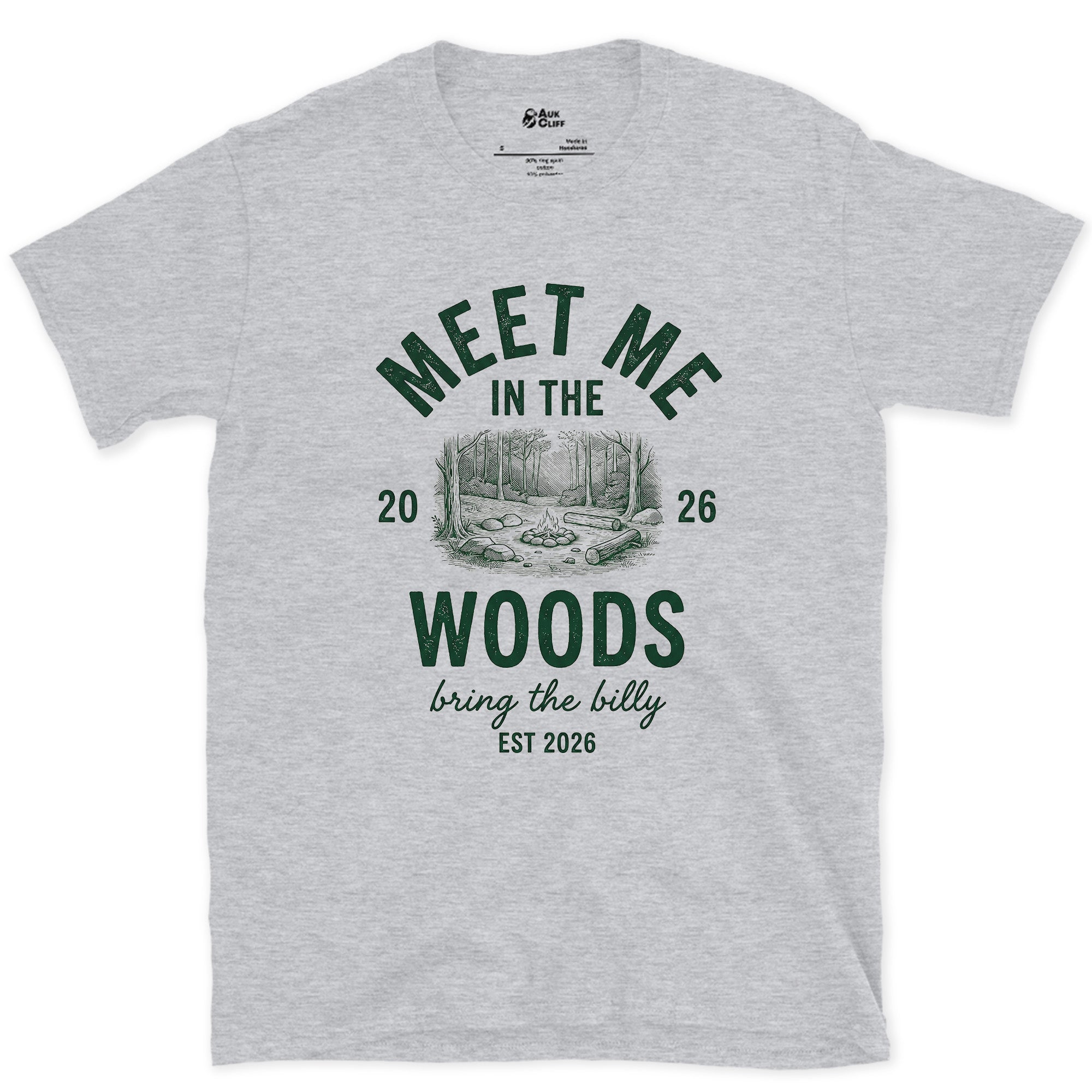 Meet Me in the Woods, Bring the Billy design on a Sport Grey Gildan Softstyle t-shirt