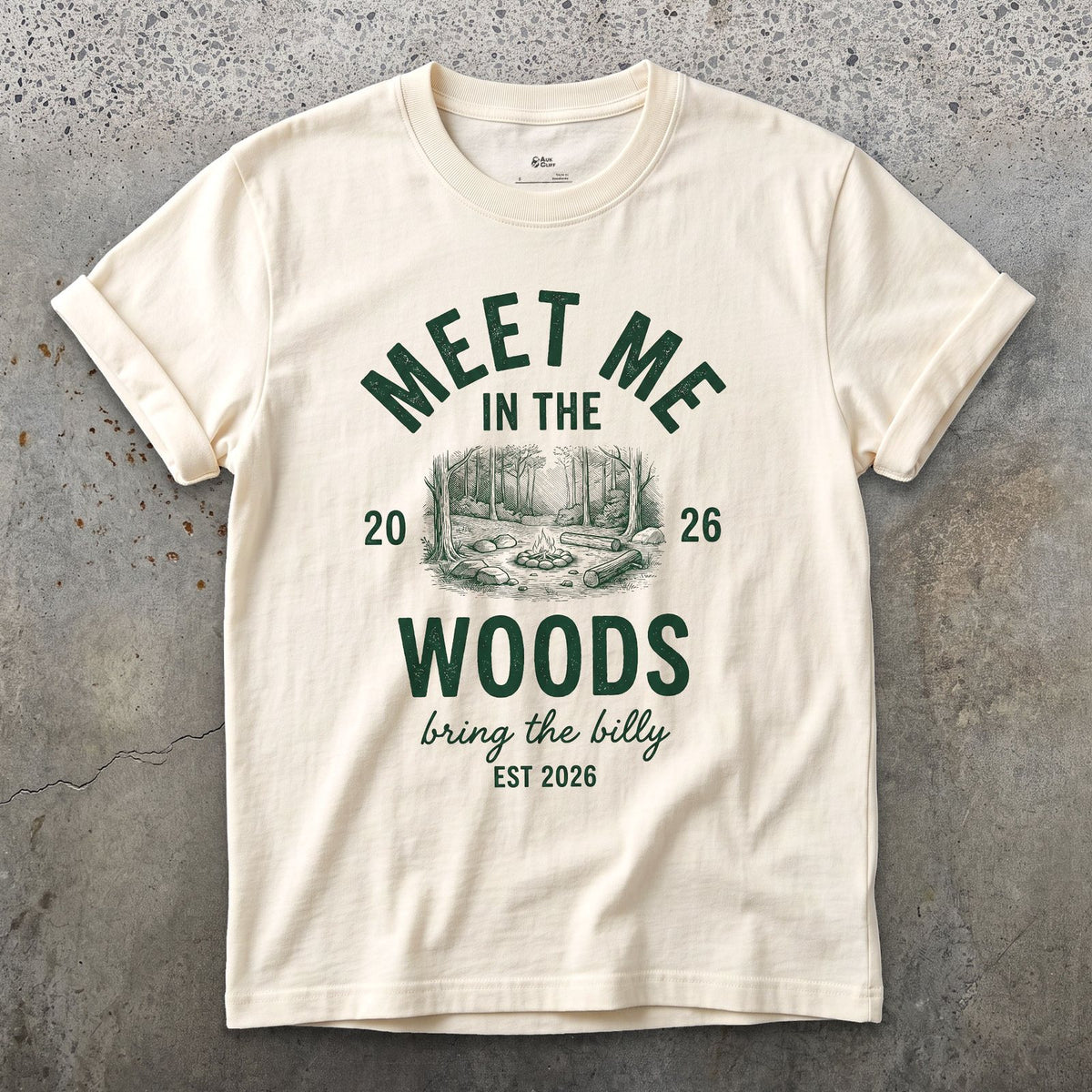 Meet Me in the Woods, Bring the Billy design on a Natural Gildan Softstyle t-shirt