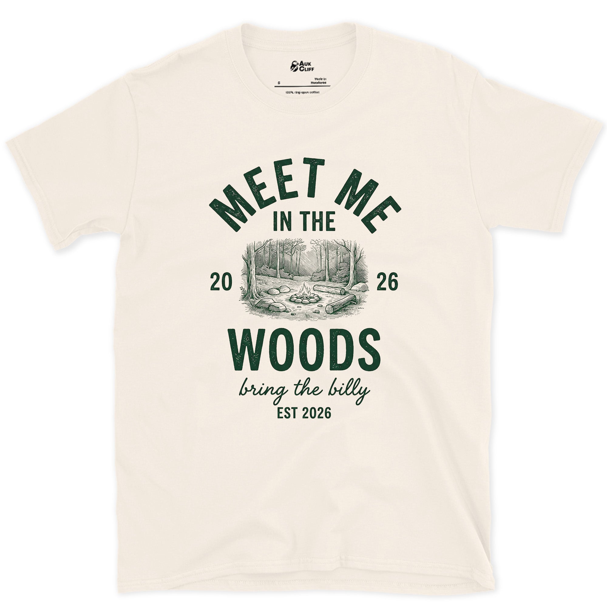 Meet Me in the Woods, Bring the Billy design on a Natural Gildan Softstyle t-shirt