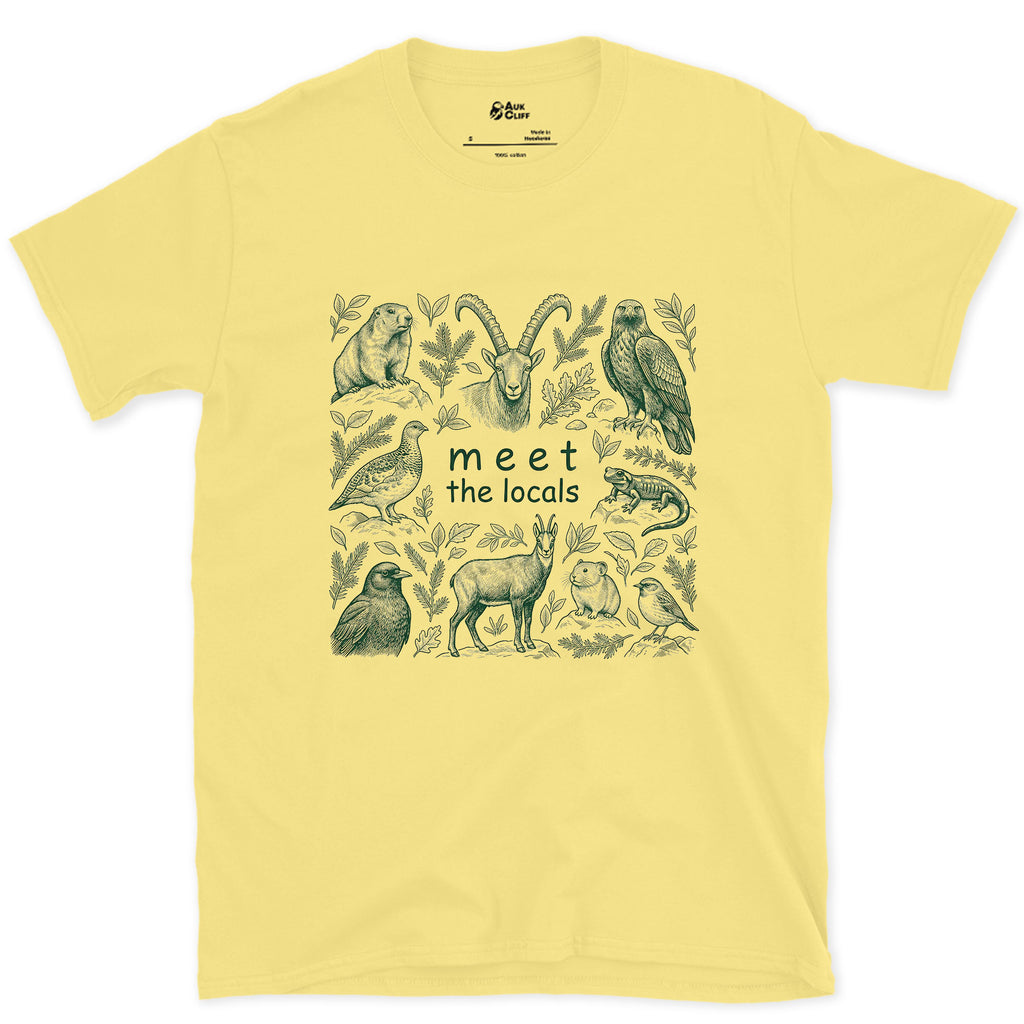 Meet the Mountain Locals, Animal Grid design on a Cornsilk Gildan Softstyle t-shirt