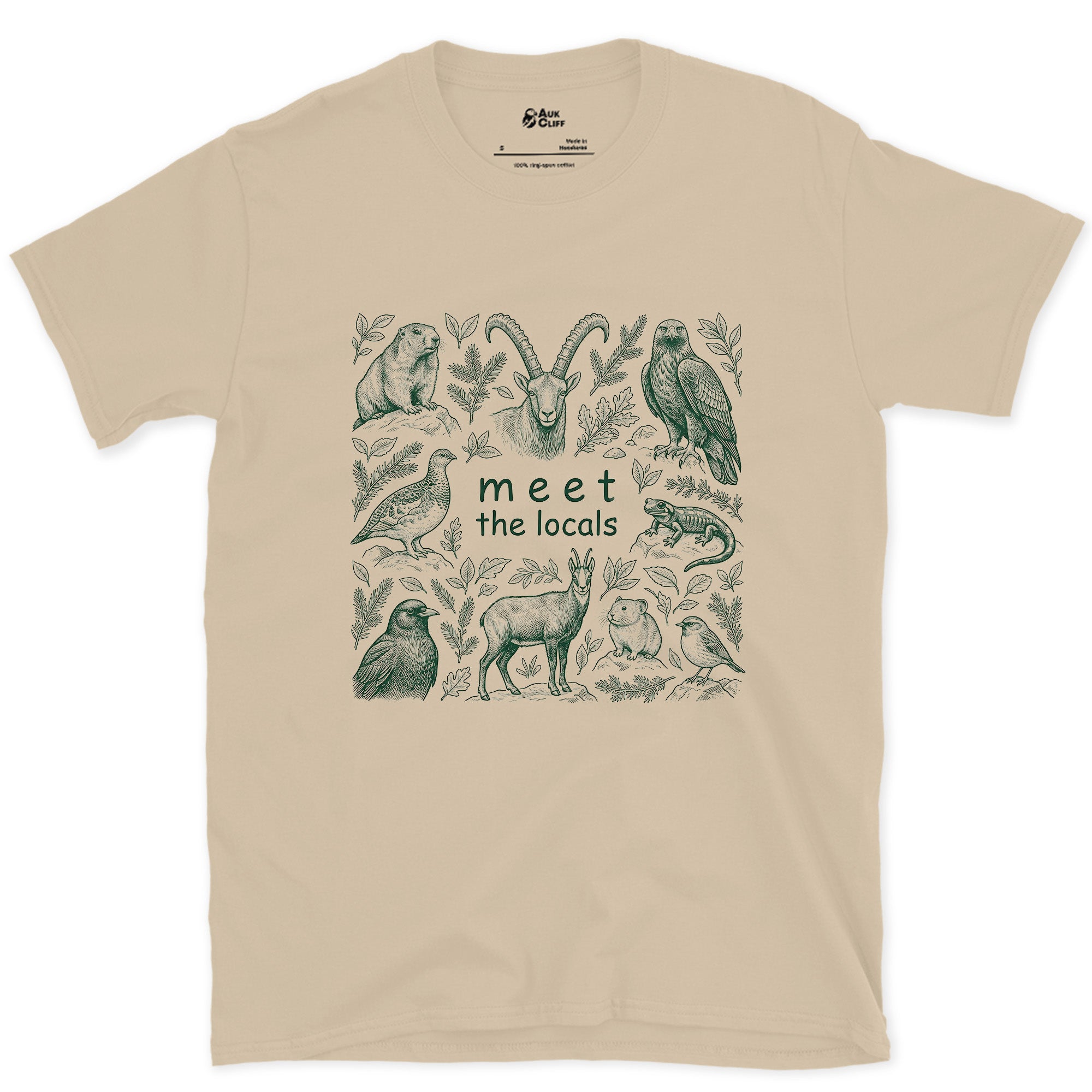 Meet the Mountain Locals, Animal Grid design on a Sand Gildan Softstyle t-shirt