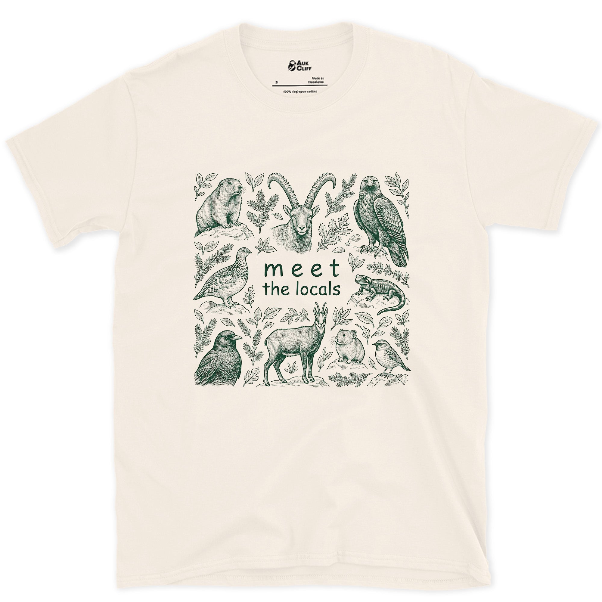 Meet the Mountain Locals, Animal Grid design on a Natural Gildan Softstyle t-shirt