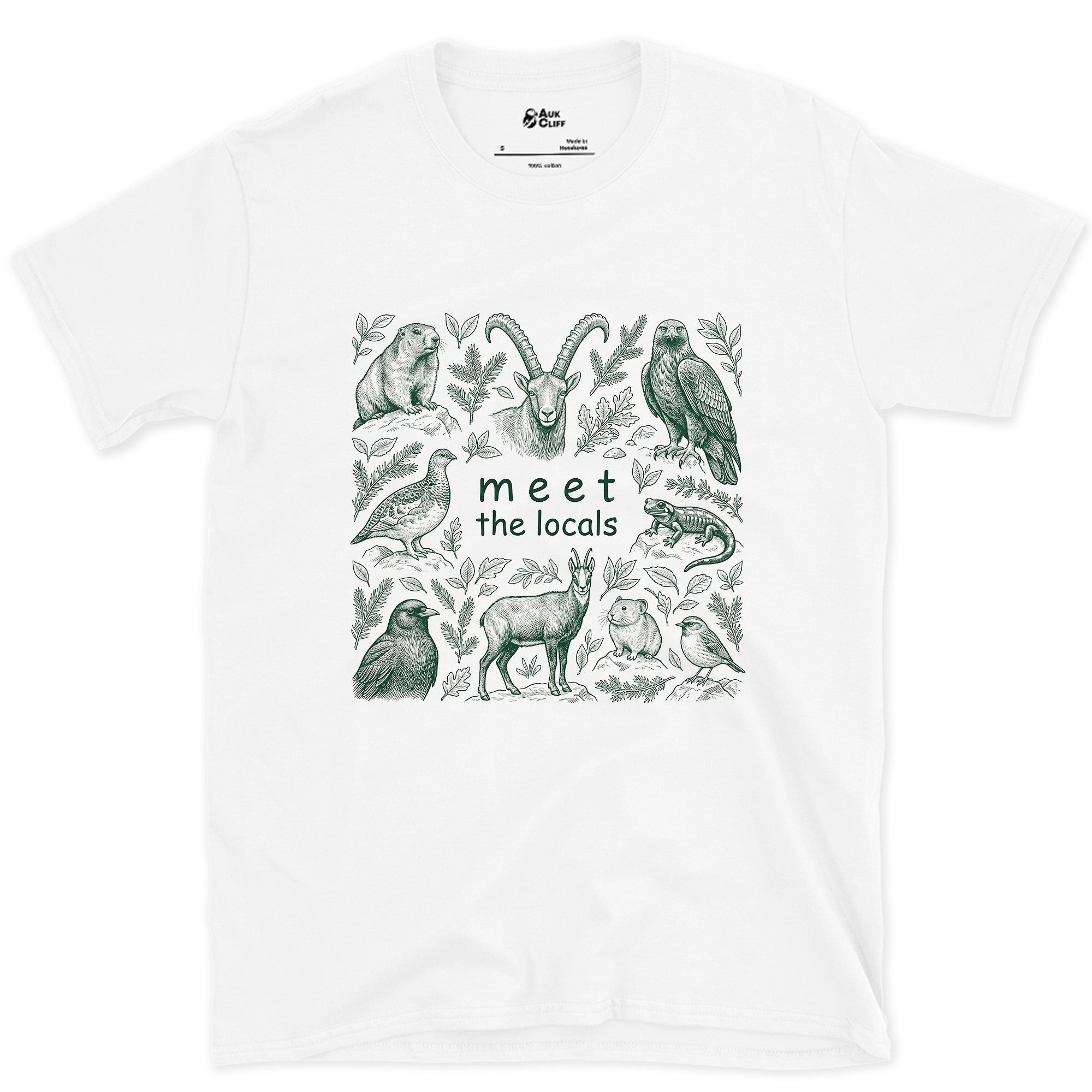 Meet the Mountain Locals, Animal Grid design on a White Gildan Softstyle t-shirt