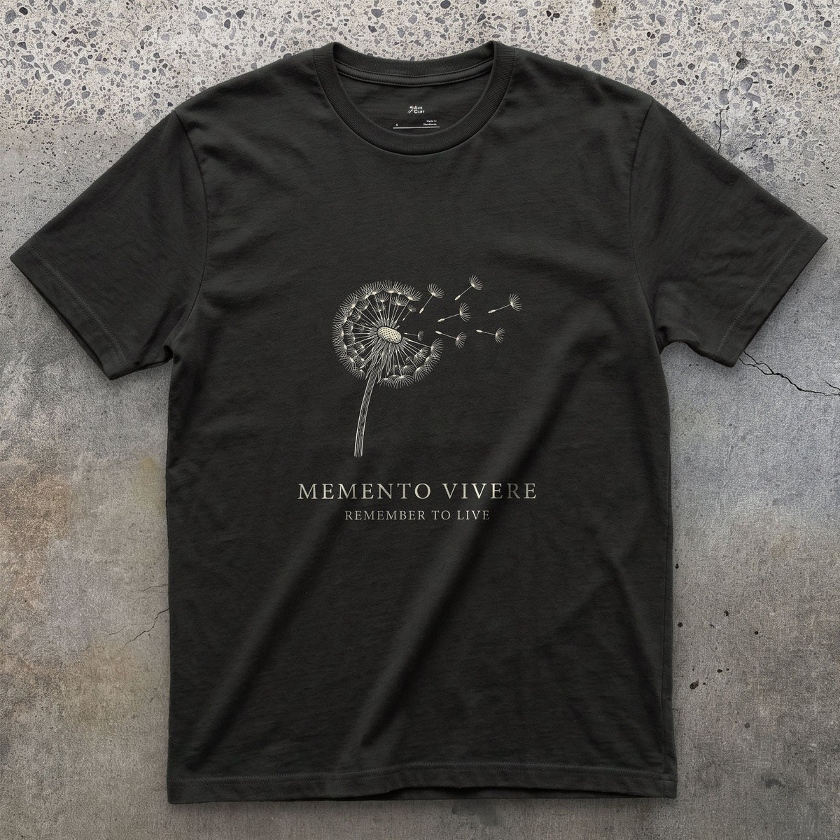 Memento Vivere, Remember to Live design on a Black Gildan Softstyle t-shirt