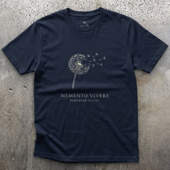 Memento Vivere, Remember to Live design on a Navy Gildan Softstyle t-shirt