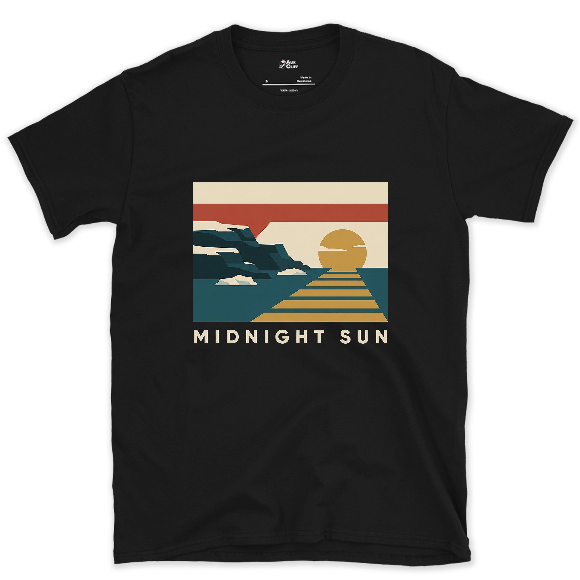 Midnight Sun, Arctic Glacier Icebergs design on a Black Gildan Softstyle t-shirt
