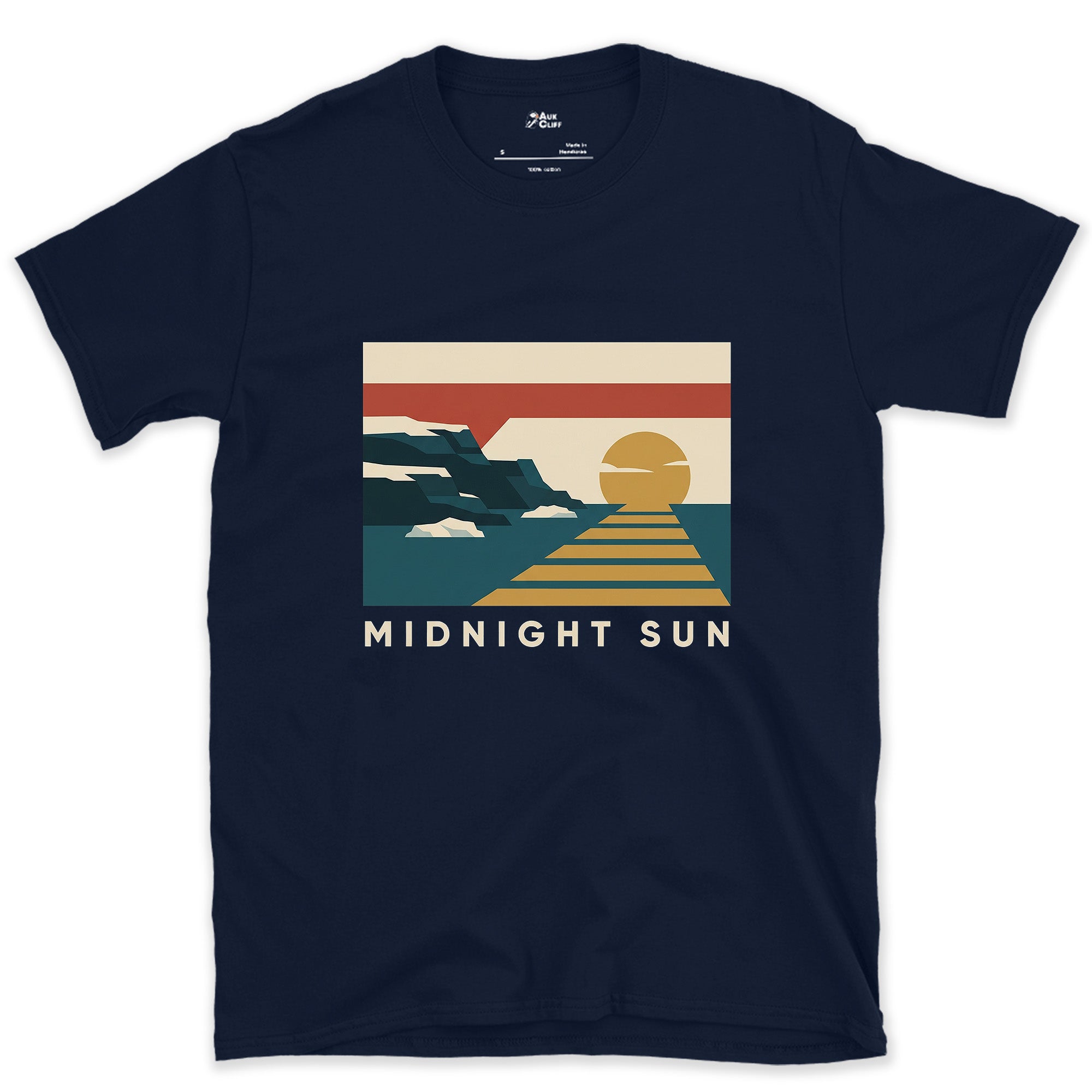 Midnight Sun, Arctic Glacier Icebergs design on a Navy Gildan Softstyle t-shirt