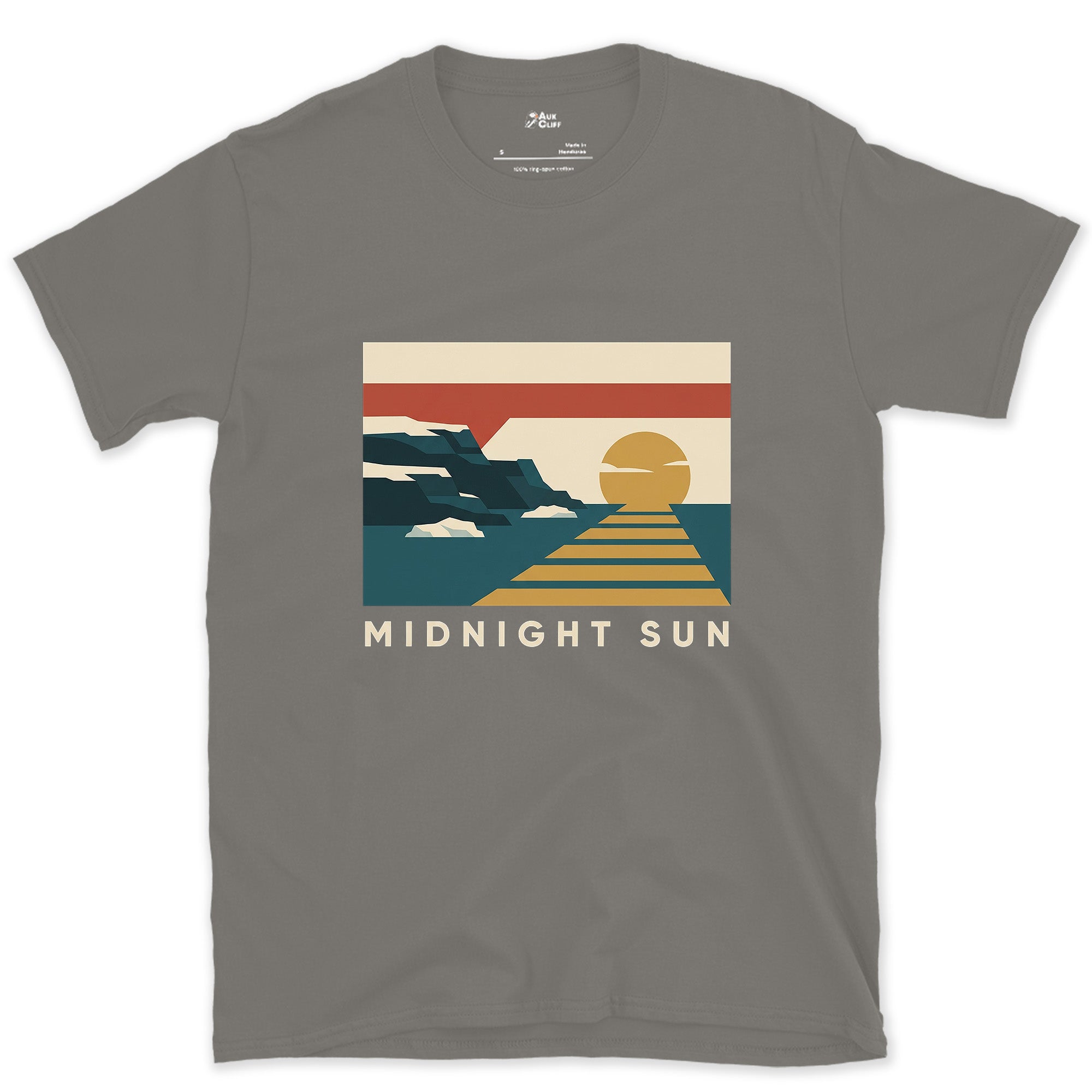 Midnight Sun, Arctic Glacier Icebergs design on a Charcoal Gildan Softstyle t-shirt