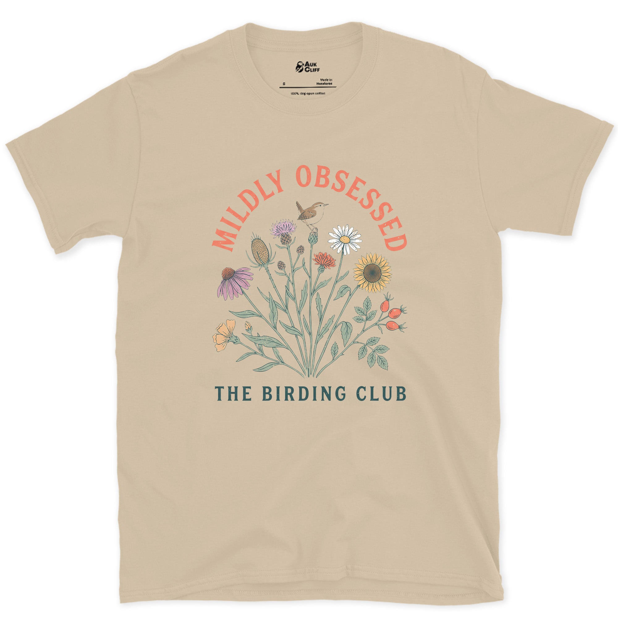 Mildly Obsessed, The Birding Club design on a Sand Gildan Softstyle t-shirt