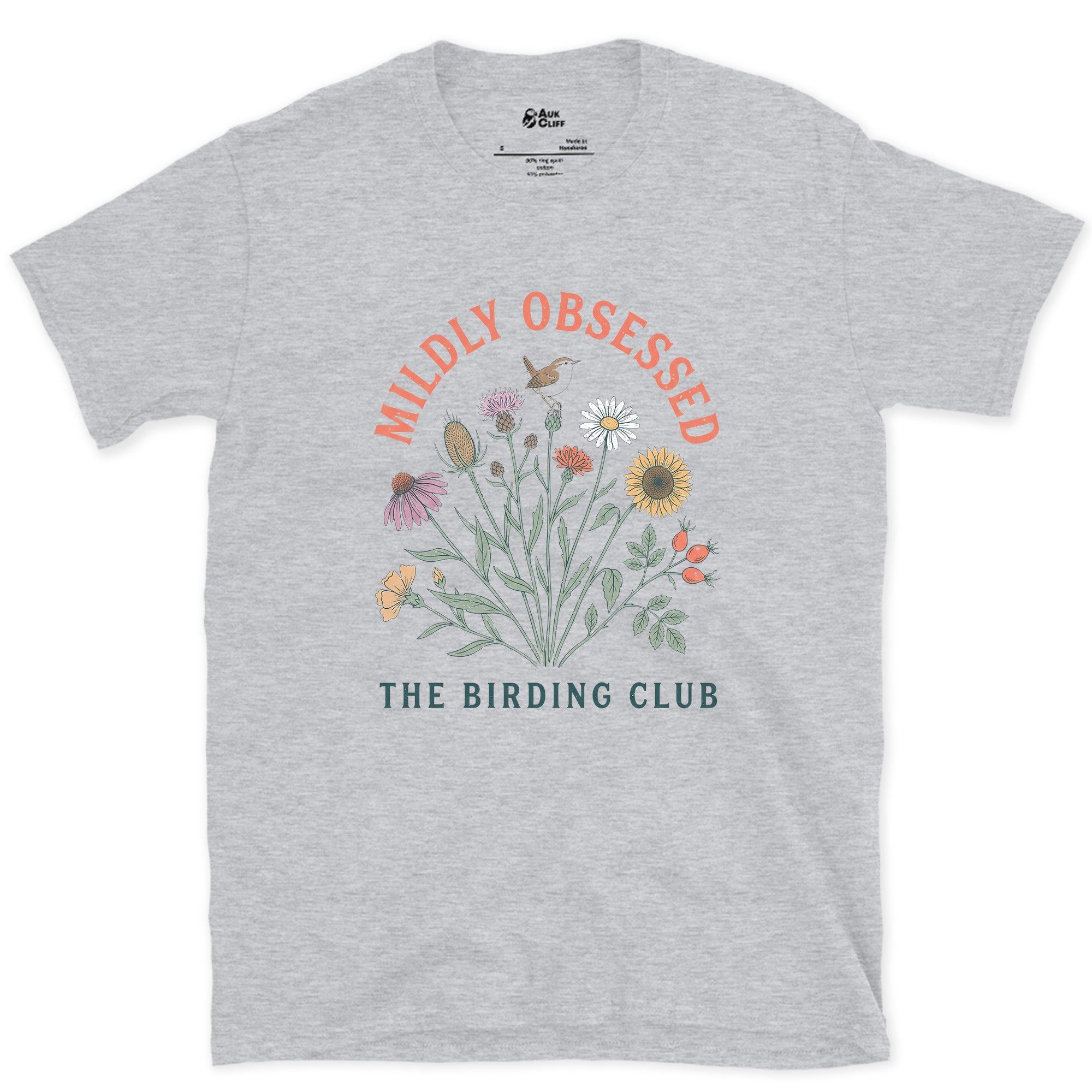 Mildly Obsessed, The Birding Club design on a Sport Grey Gildan Softstyle t-shirt