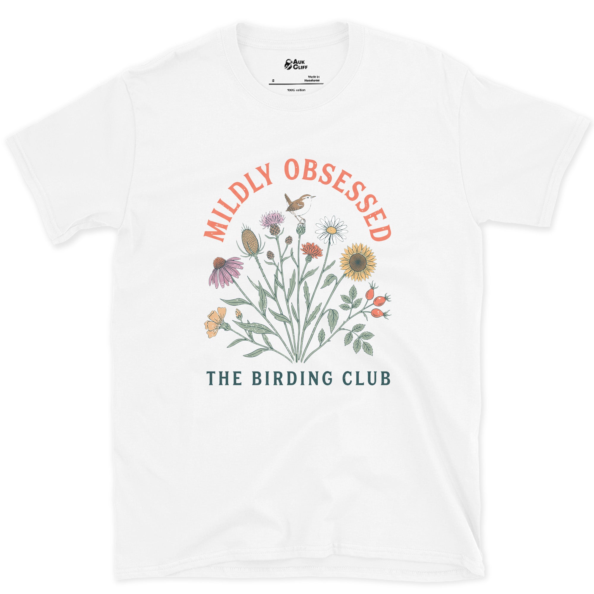Mildly Obsessed, The Birding Club design on a White Gildan Softstyle t-shirt