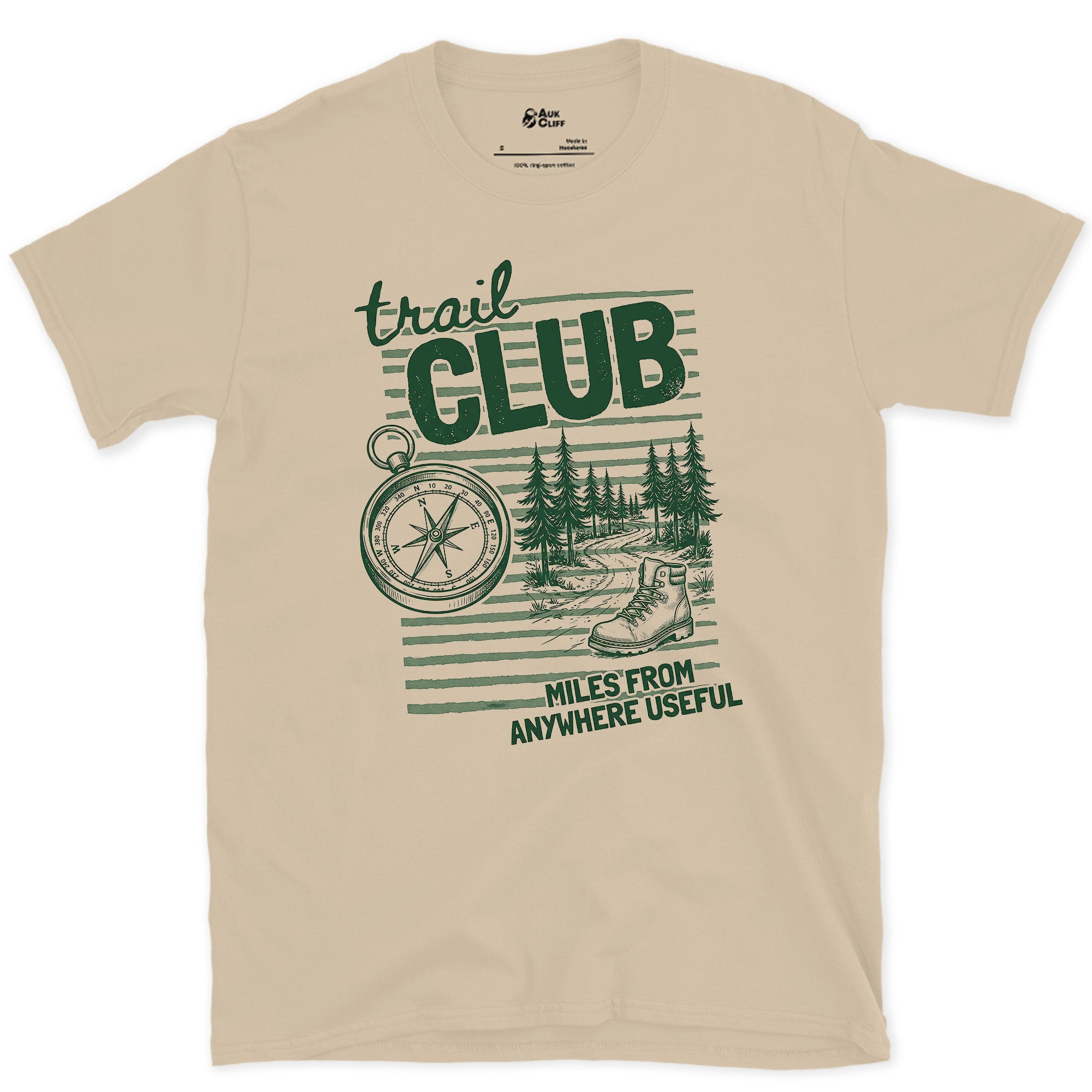 Miles From Anywhere Useful, Trail Club design on a Sand Gildan Softstyle t-shirt
