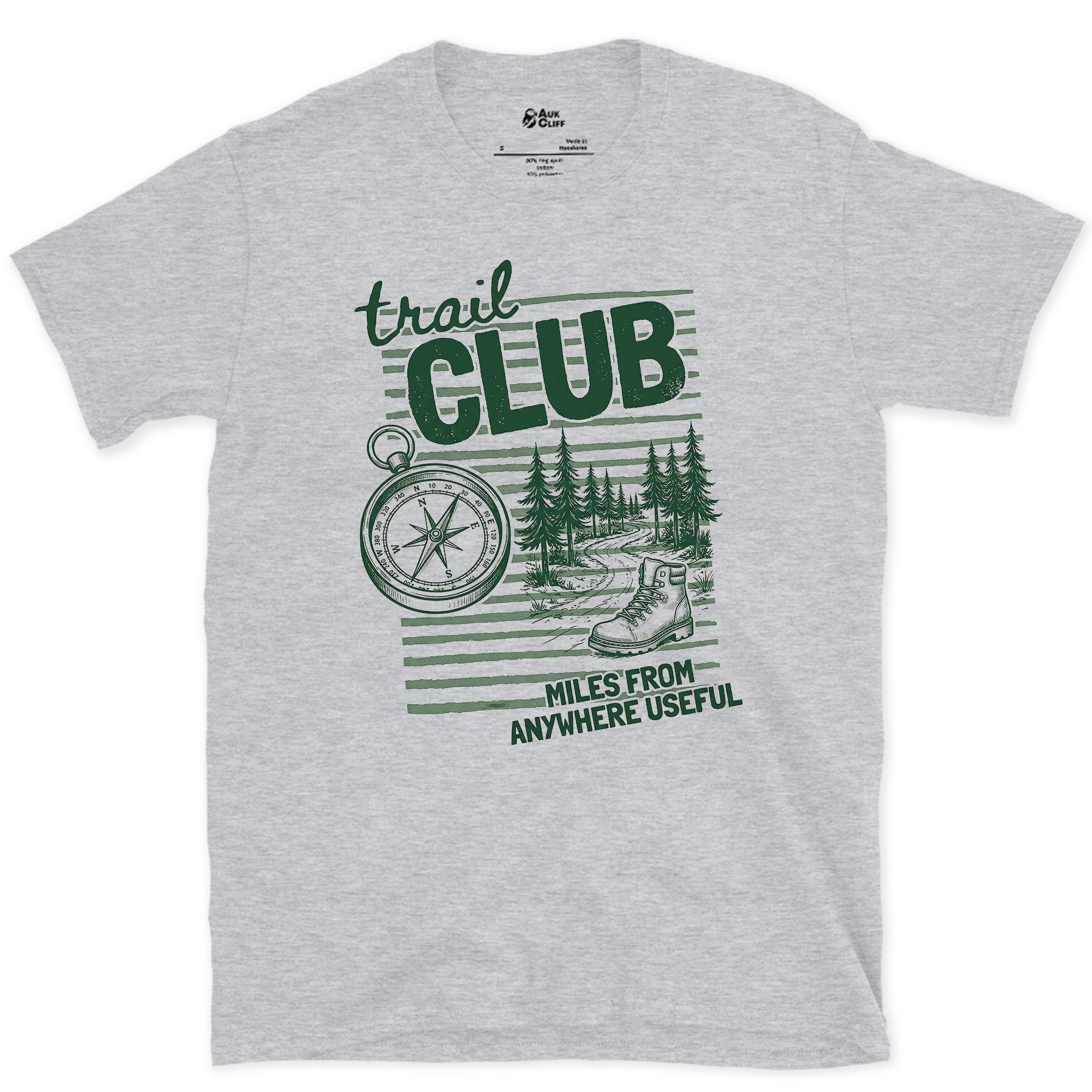Miles From Anywhere Useful, Trail Club design on a Sport Grey Gildan Softstyle t-shirt