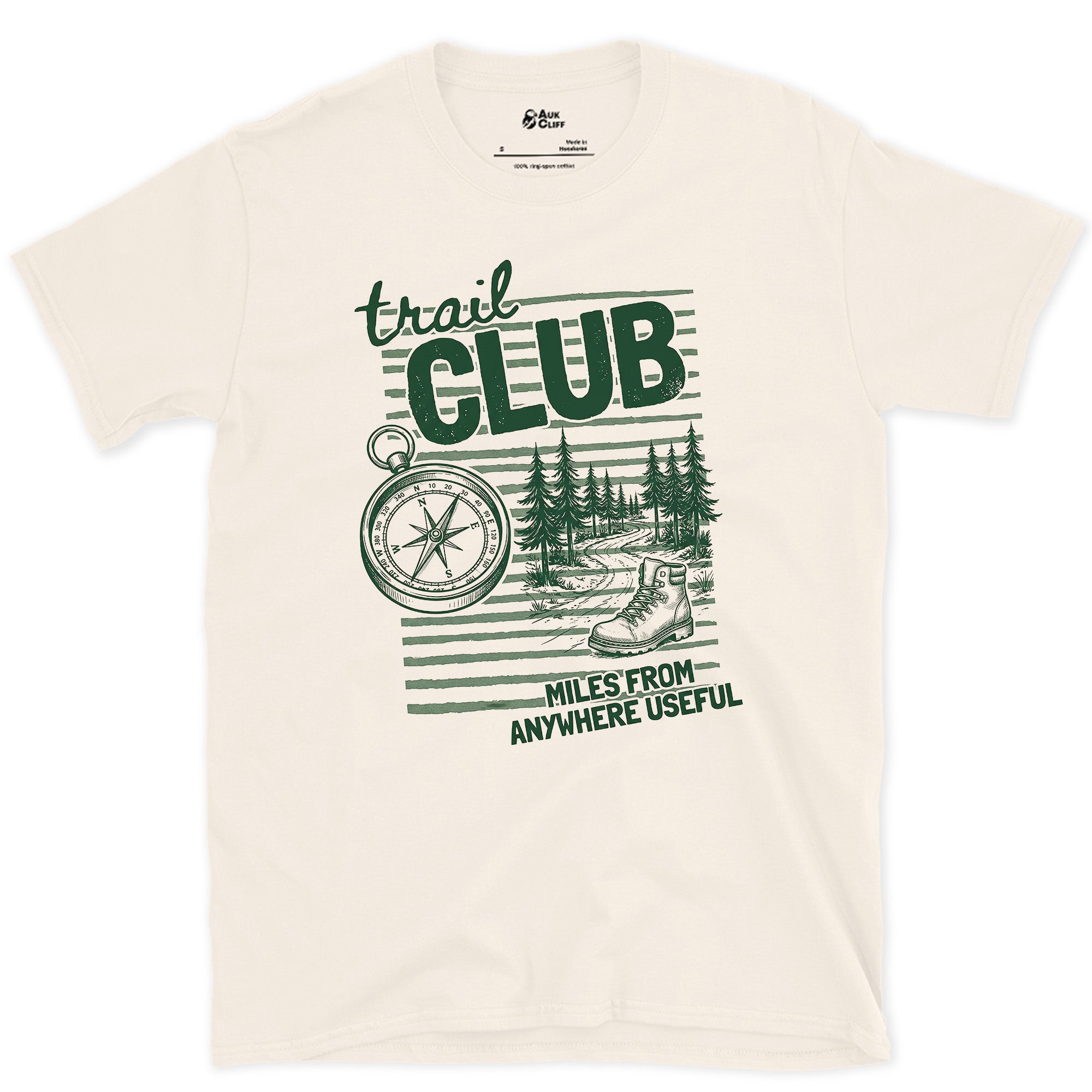 Miles From Anywhere Useful, Trail Club design on a Natural Gildan Softstyle t-shirt