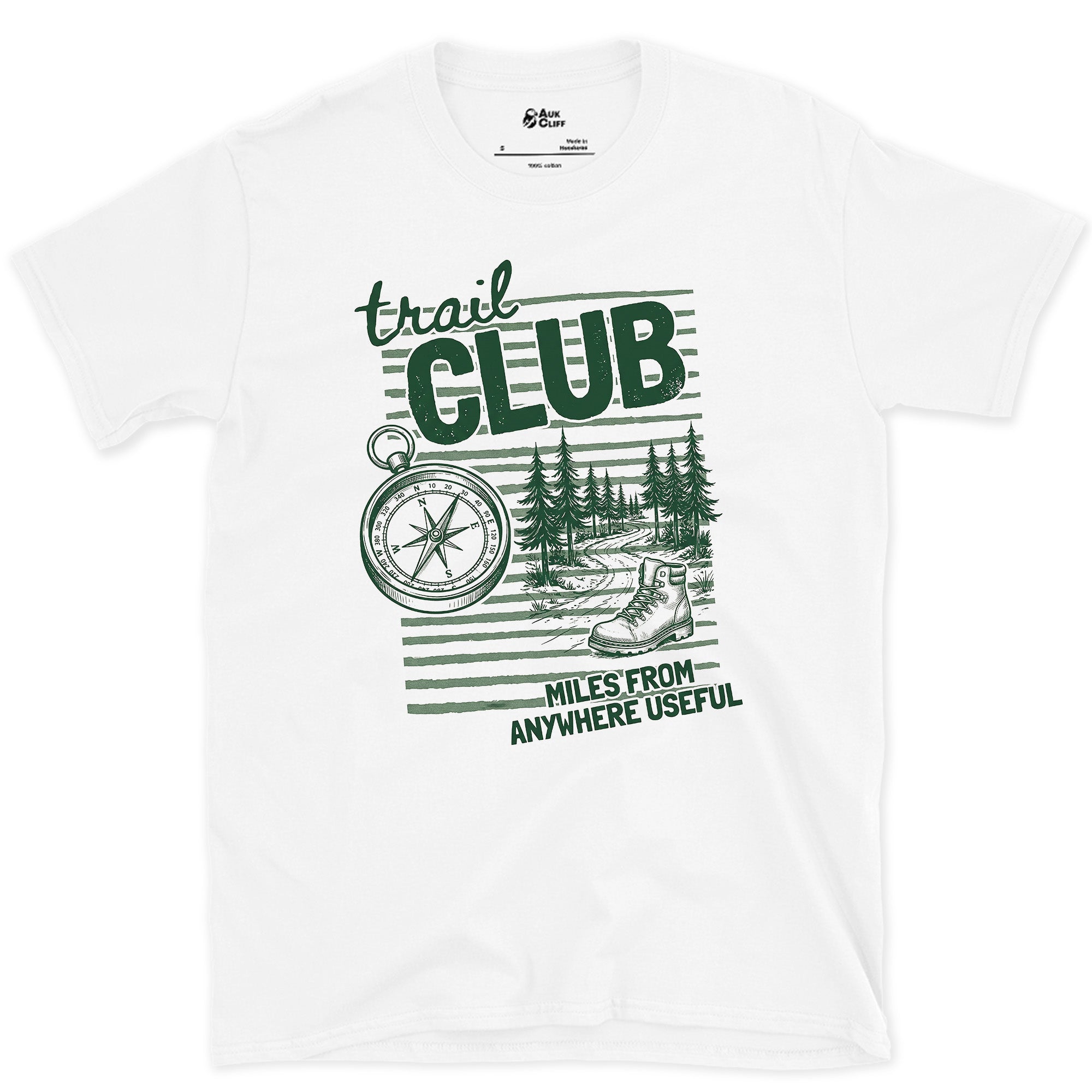 Miles From Anywhere Useful, Trail Club design on a White Gildan Softstyle t-shirt