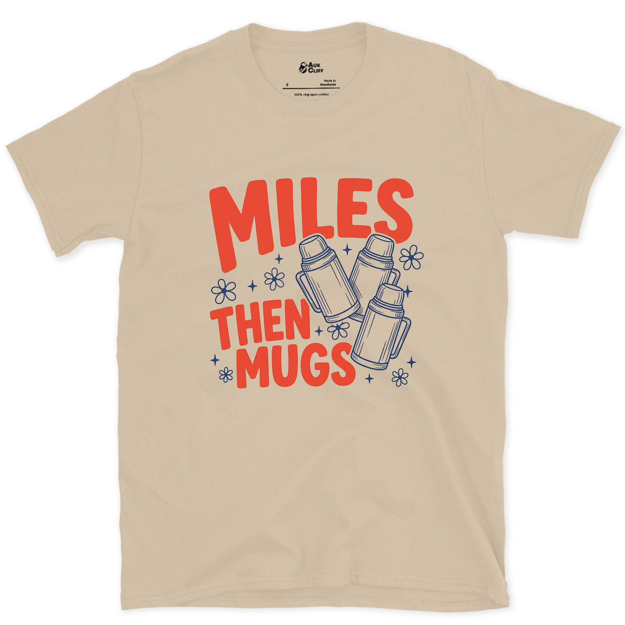 Miles Then Mugs, Camp Mugs design on a Sand Gildan Softstyle t-shirt