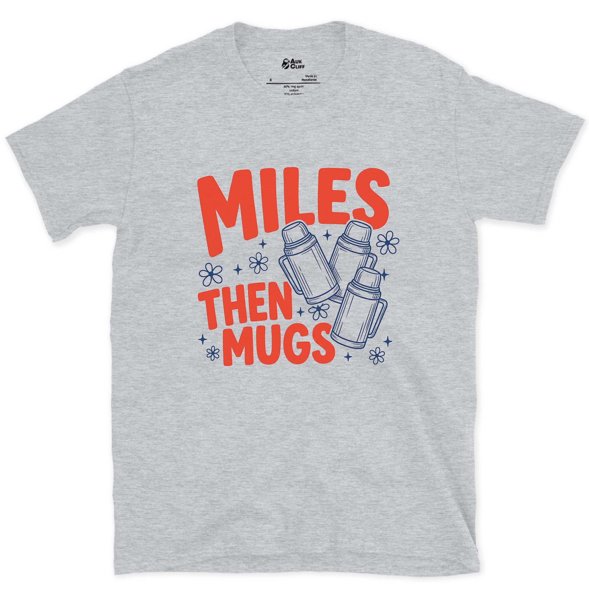 Miles Then Mugs, Camp Mugs design on a Sport Grey Gildan Softstyle t-shirt