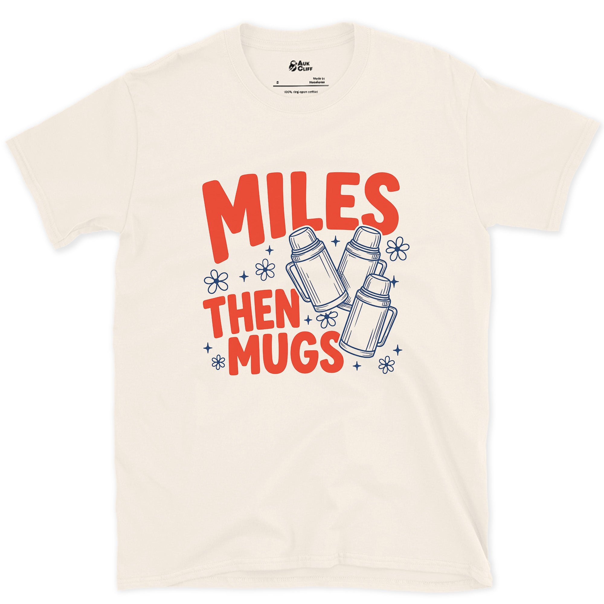 Miles Then Mugs, Camp Mugs design on a Natural Gildan Softstyle t-shirt