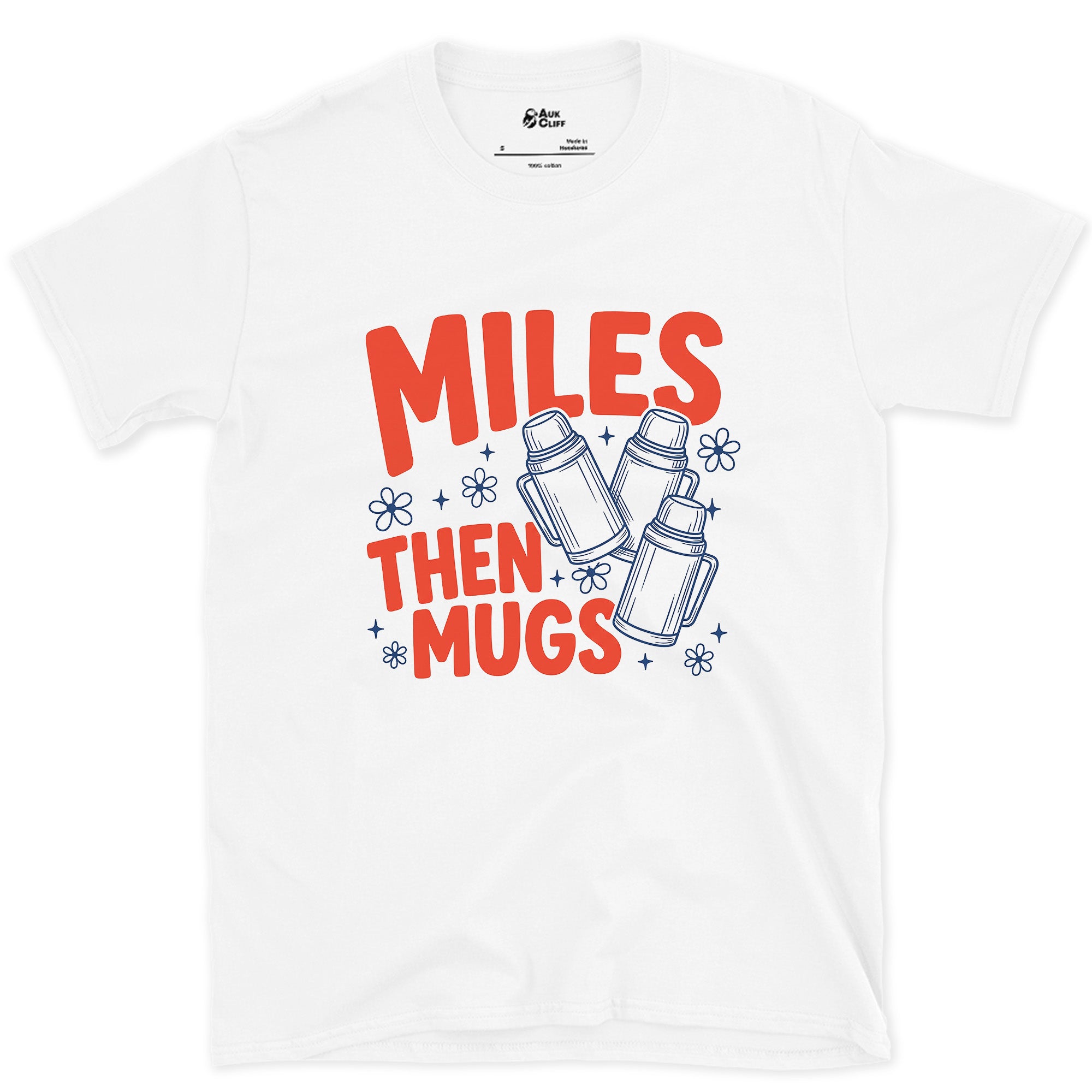Miles Then Mugs, Camp Mugs design on a White Gildan Softstyle t-shirt