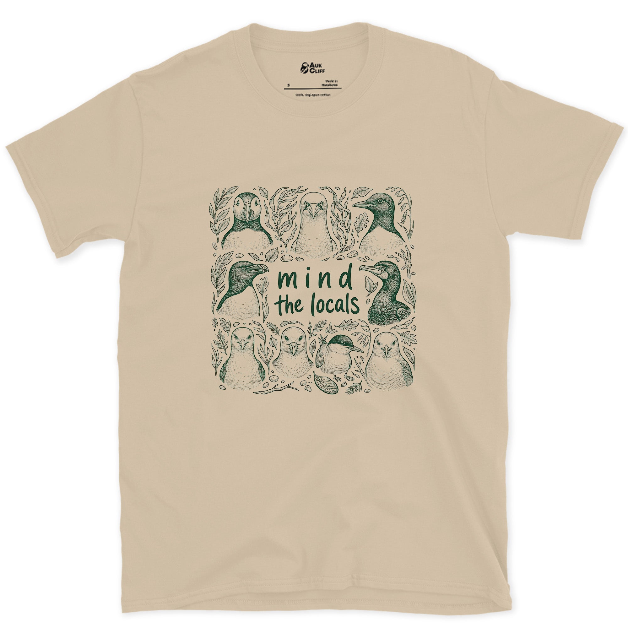 Mind the Locals, Seabird Lineup design on a Sand Gildan Softstyle t-shirt