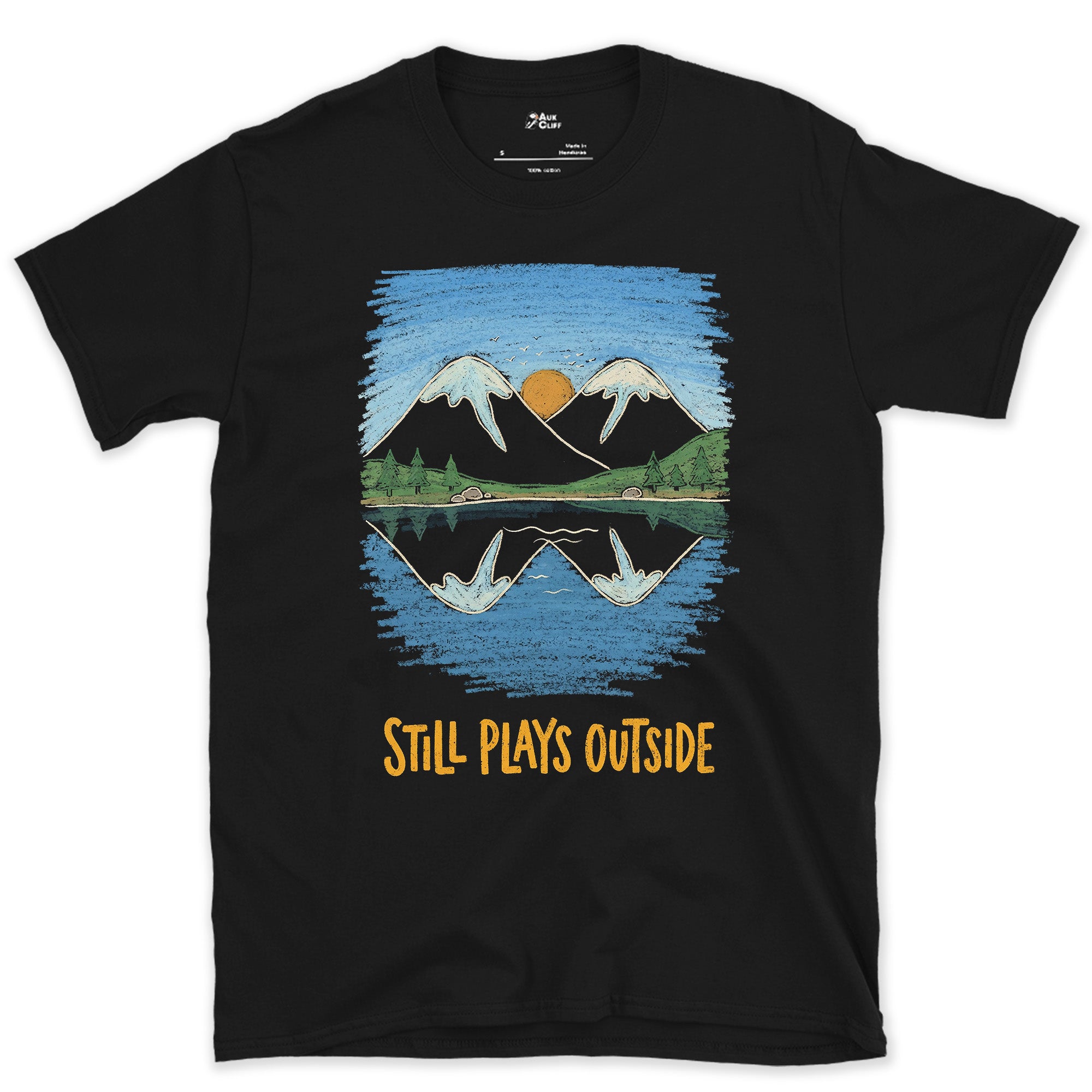 Too Still to Ripple, Mountain Lake design on a Black Gildan Softstyle t-shirt