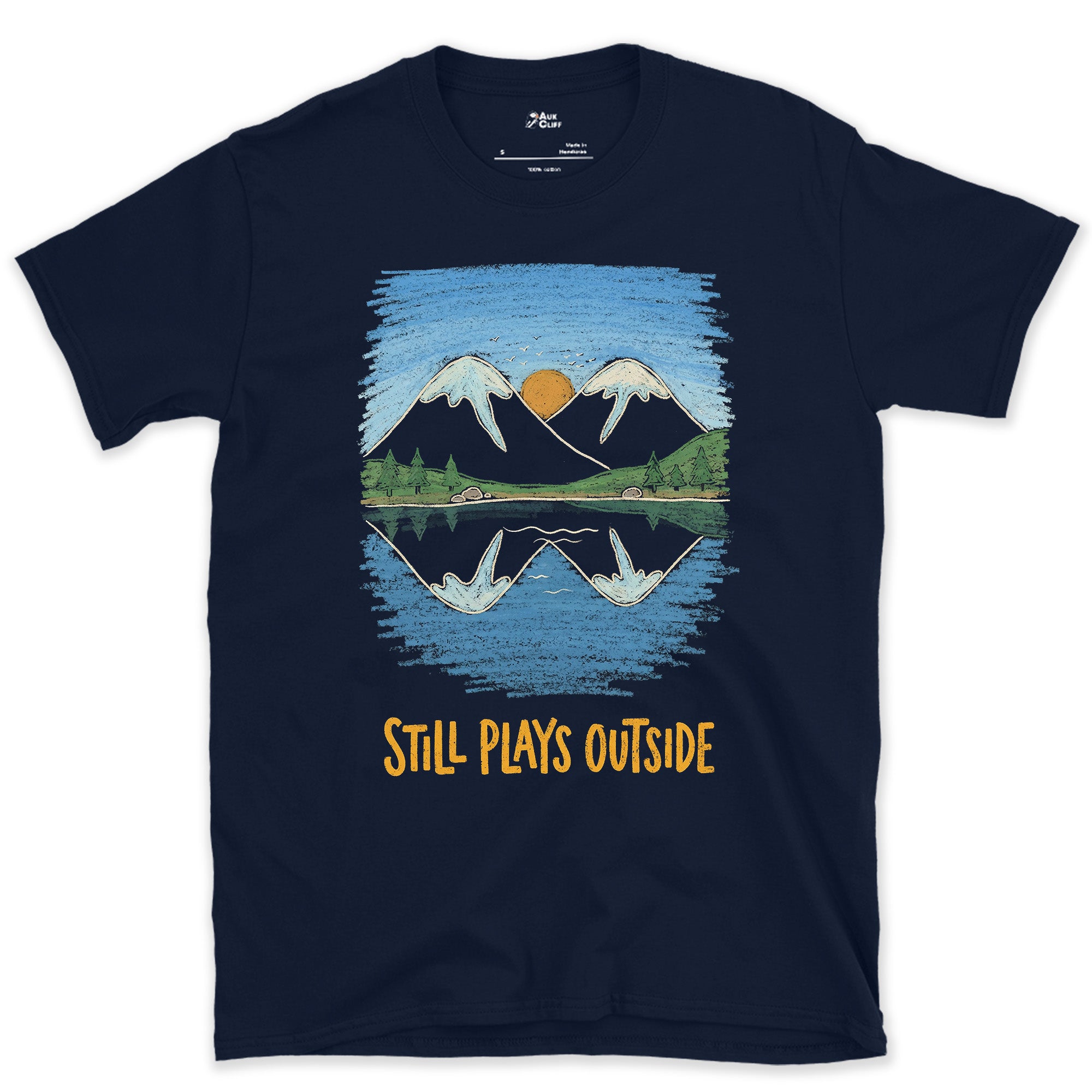 Too Still to Ripple, Mountain Lake design on a Navy Gildan Softstyle t-shirt