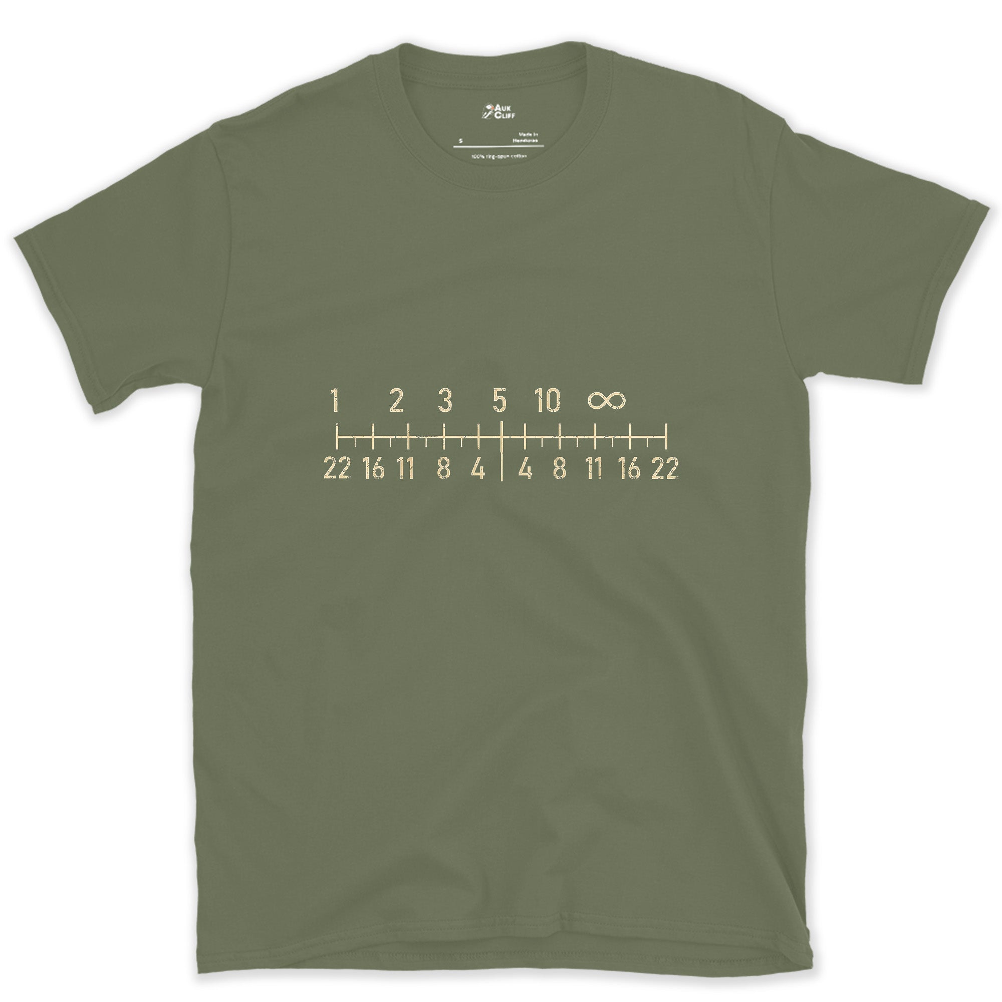 Old Lens Engineering Doubled the Same Numbers design on a Military Green Gildan Softstyle t-shirt