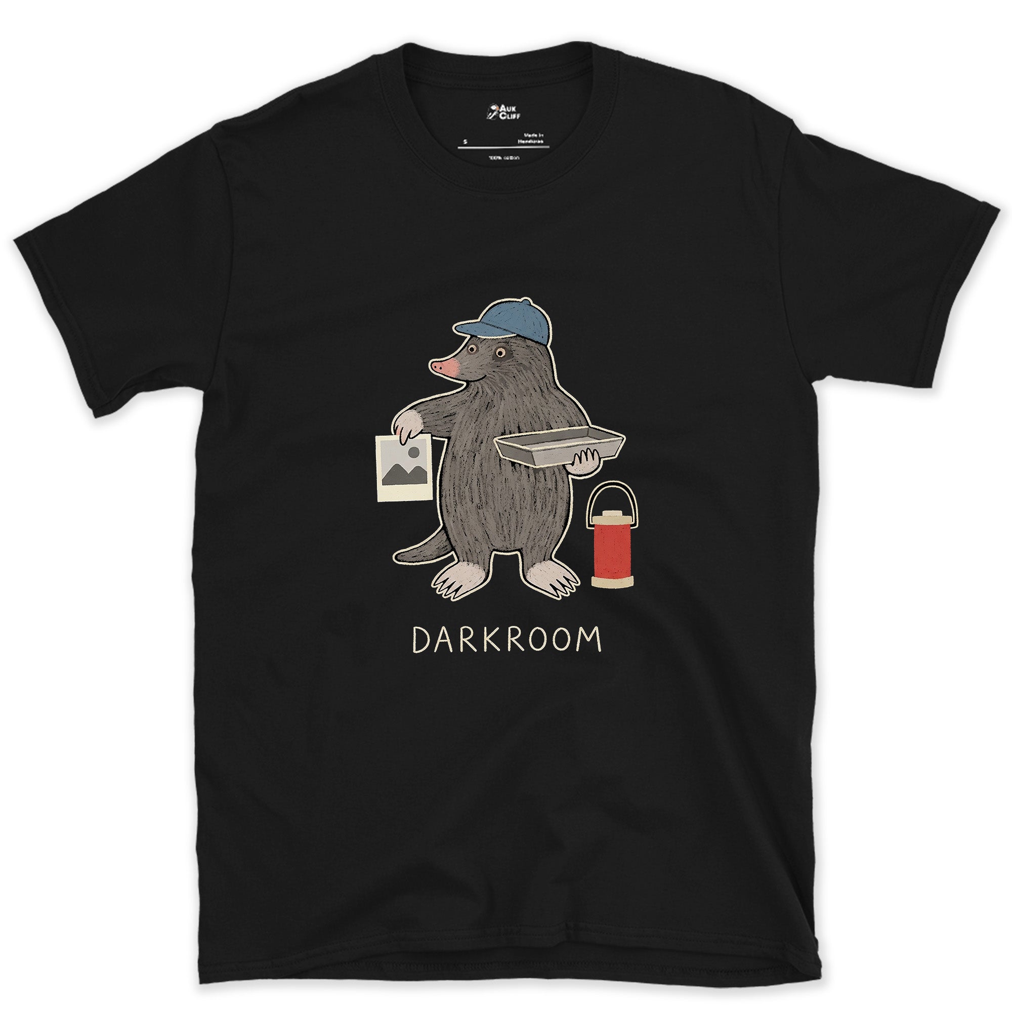 Working in the Dark Was Not a Stretch, Darkroom Mole design on a Black Gildan Softstyle t-shirt