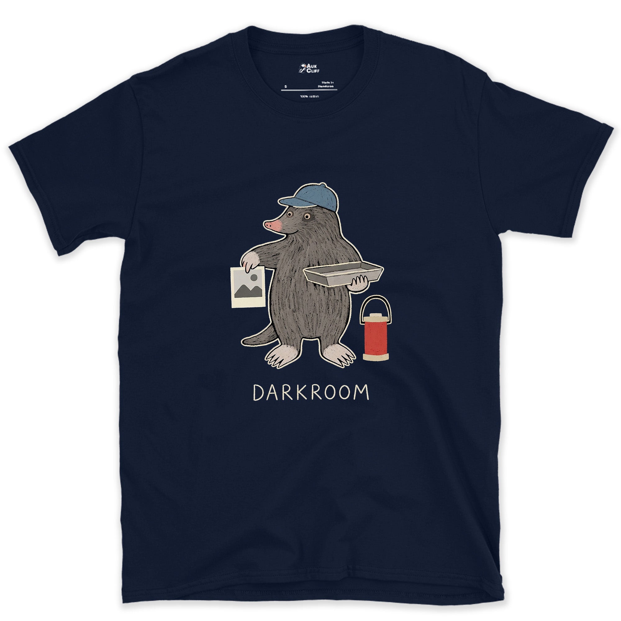 Working in the Dark Was Not a Stretch, Darkroom Mole design on a Navy Gildan Softstyle t-shirt
