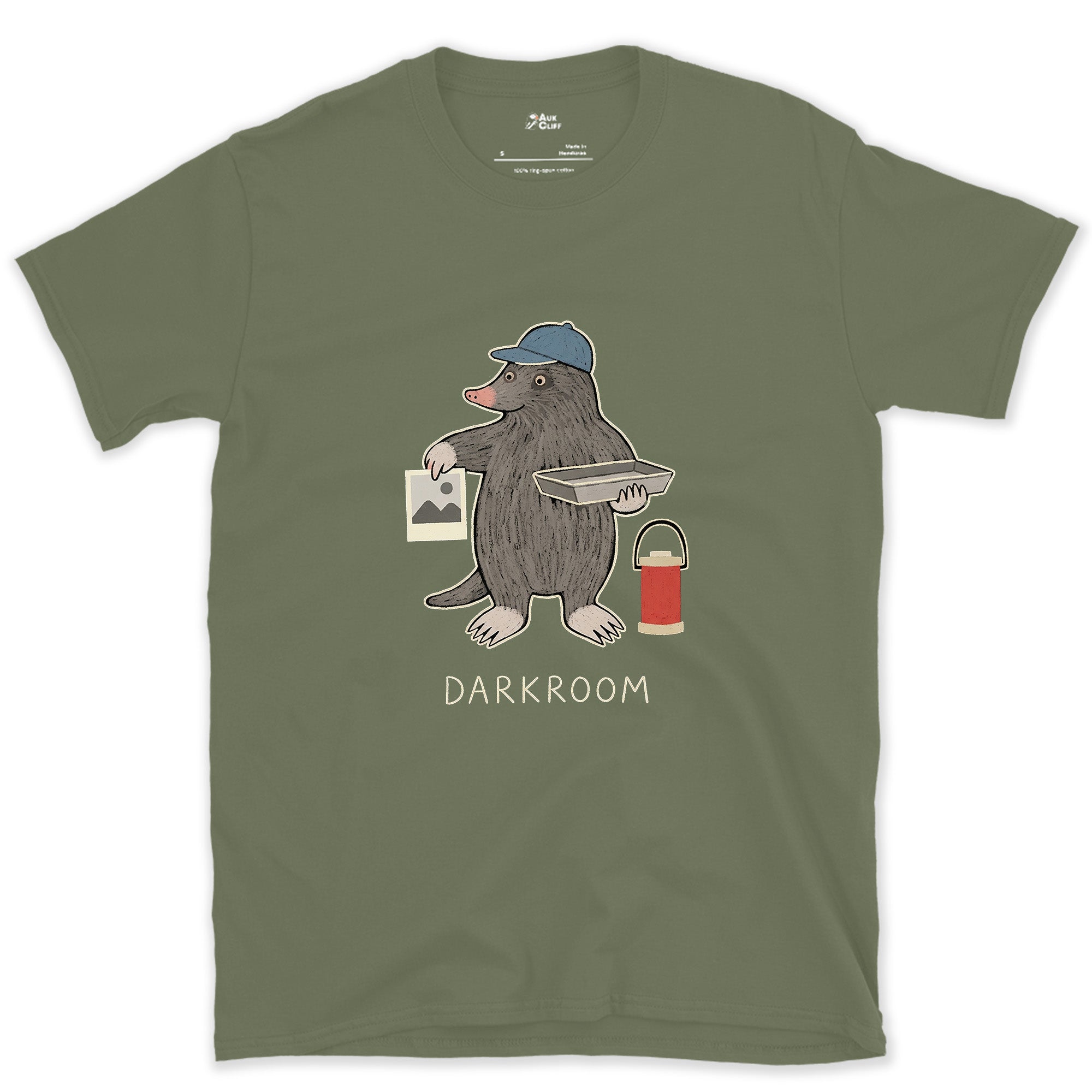 Working in the Dark Was Not a Stretch, Darkroom Mole design on a Military Green Gildan Softstyle t-shirt