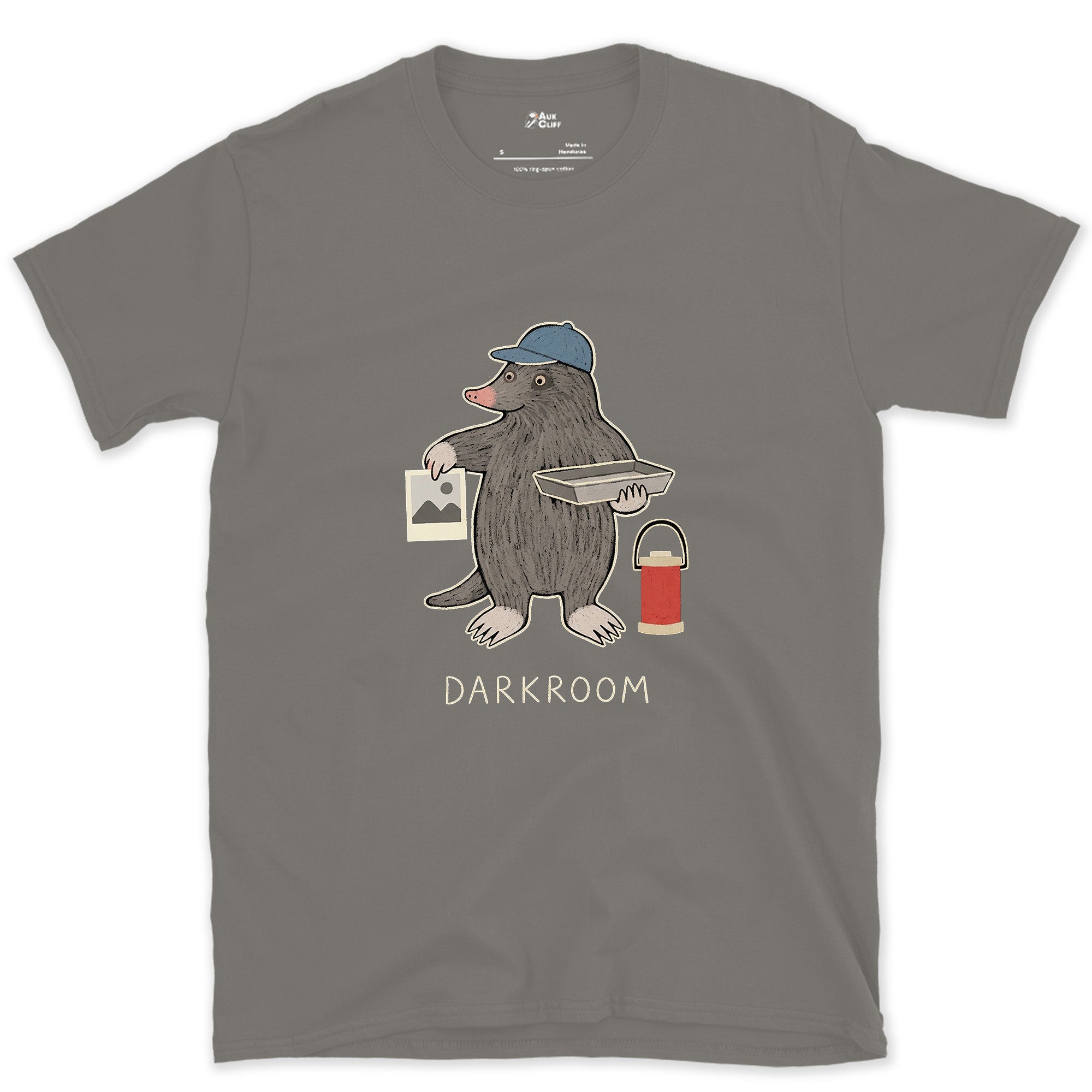 Working in the Dark Was Not a Stretch, Darkroom Mole design on a Charcoal Gildan Softstyle t-shirt