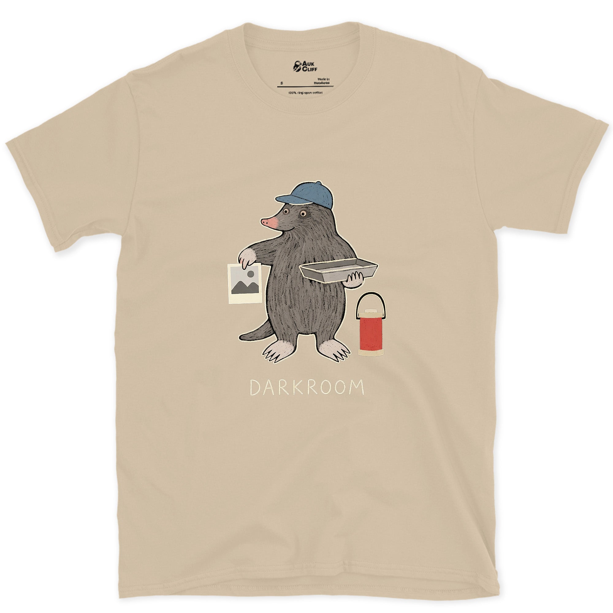 Working in the Dark Was Not a Stretch, Darkroom Mole design on a Sand Gildan Softstyle t-shirt
