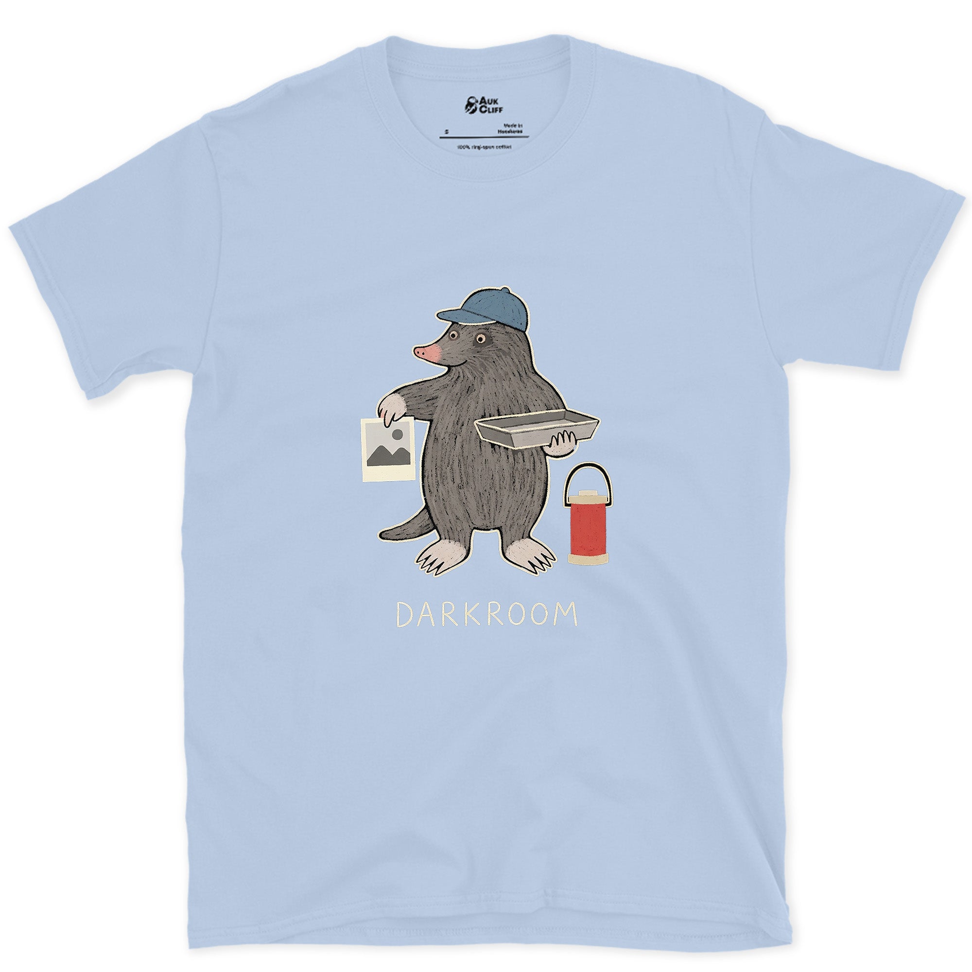 Working in the Dark Was Not a Stretch, Darkroom Mole design on a Light Blue Gildan Softstyle t-shirt