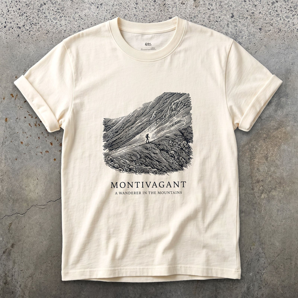 Montivagant, a Wanderer in the Mountains design on a Natural Gildan Softstyle t-shirt
