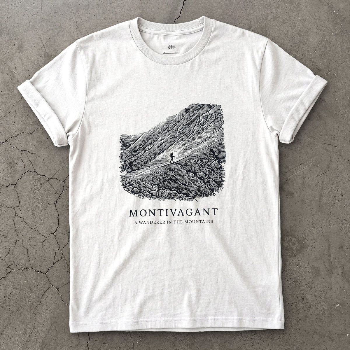 Montivagant, a Wanderer in the Mountains design on a White Gildan Softstyle t-shirt