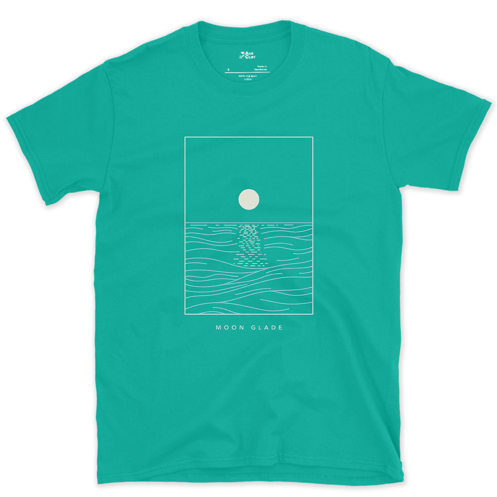Moon Glade, Light Broken on the Water design on a Jade Dome Gildan Softstyle t-shirt