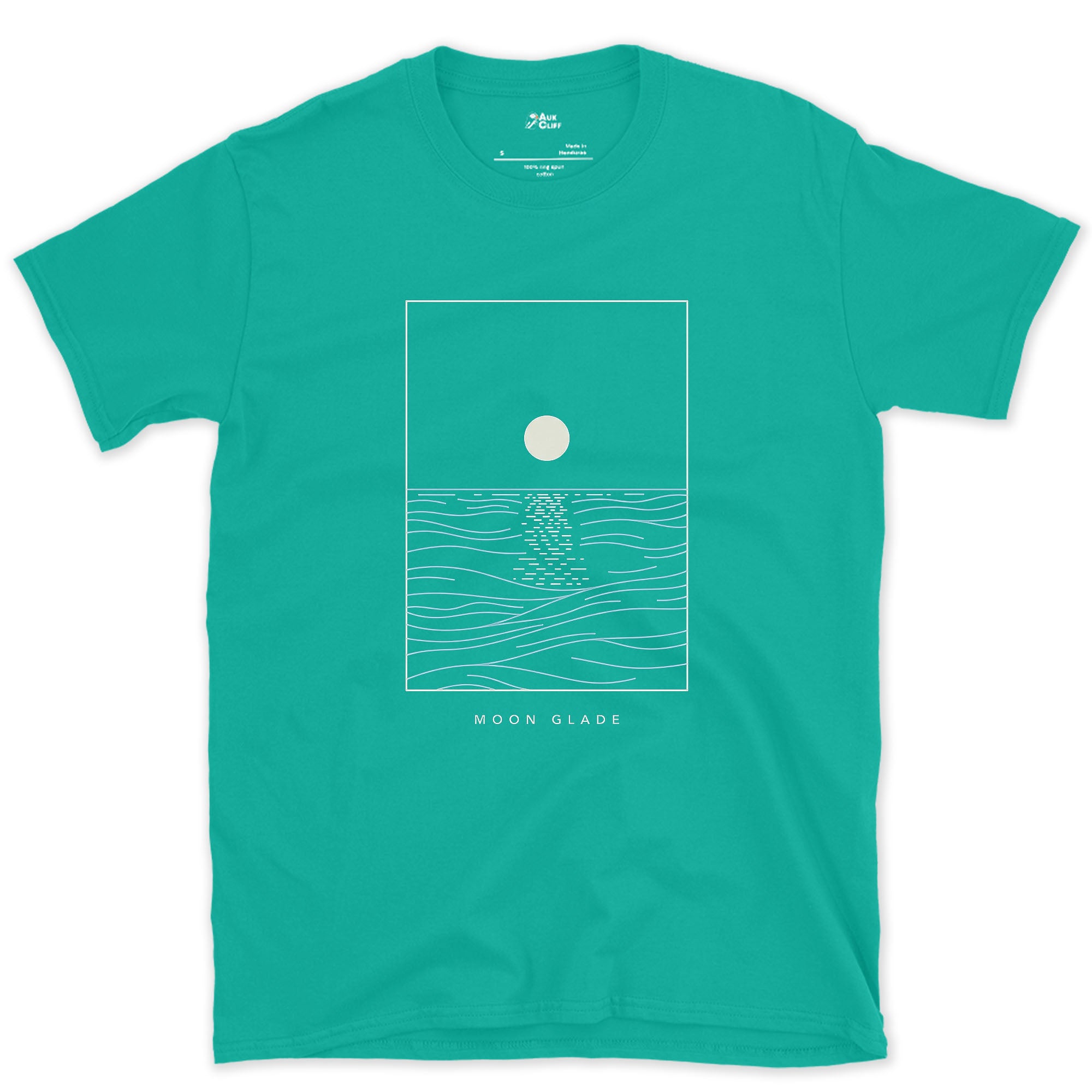 Moon Glade, Light Broken on the Water design on a Jade Dome Gildan Softstyle t-shirt