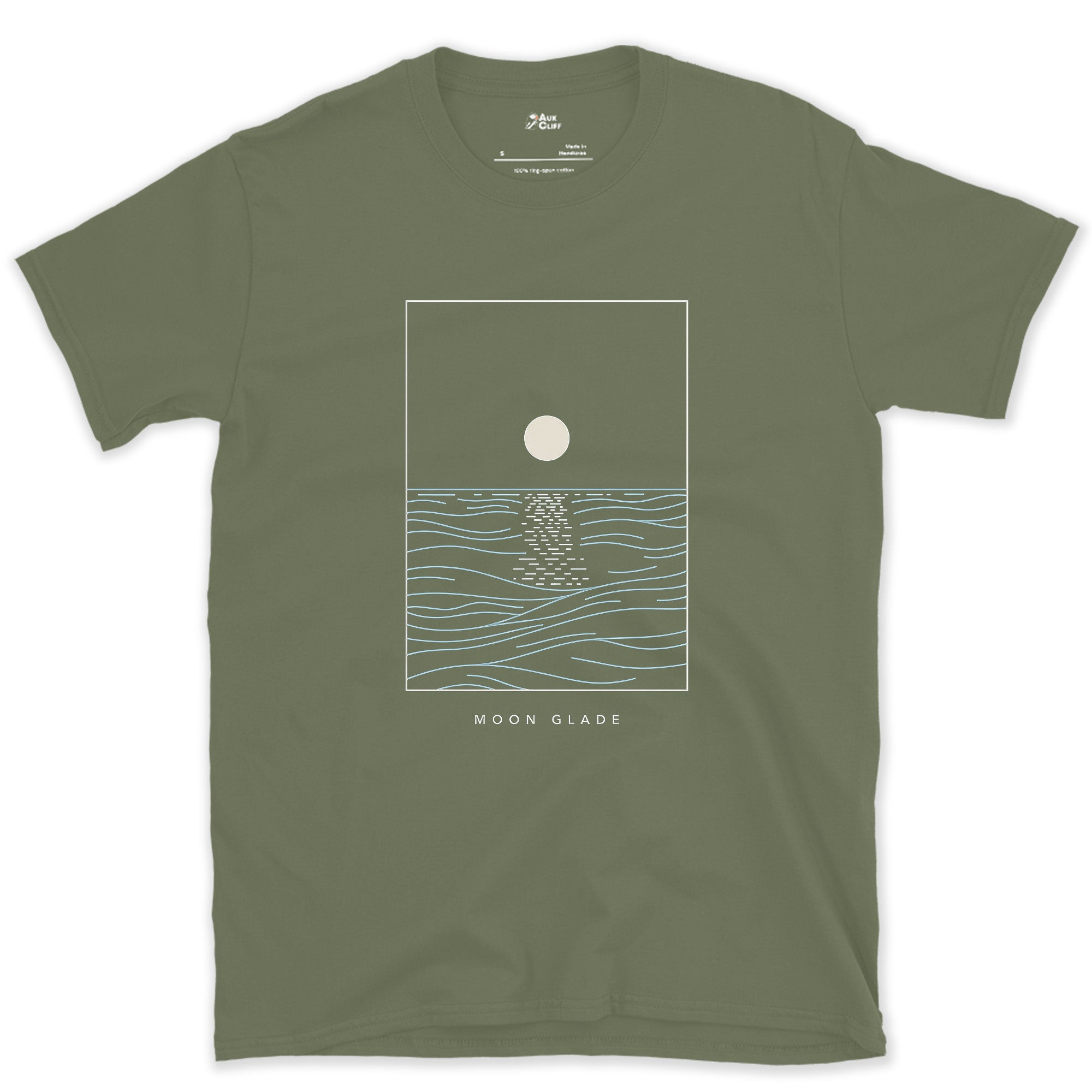 Moon Glade, Light Broken on the Water design on a Military Green Gildan Softstyle t-shirt