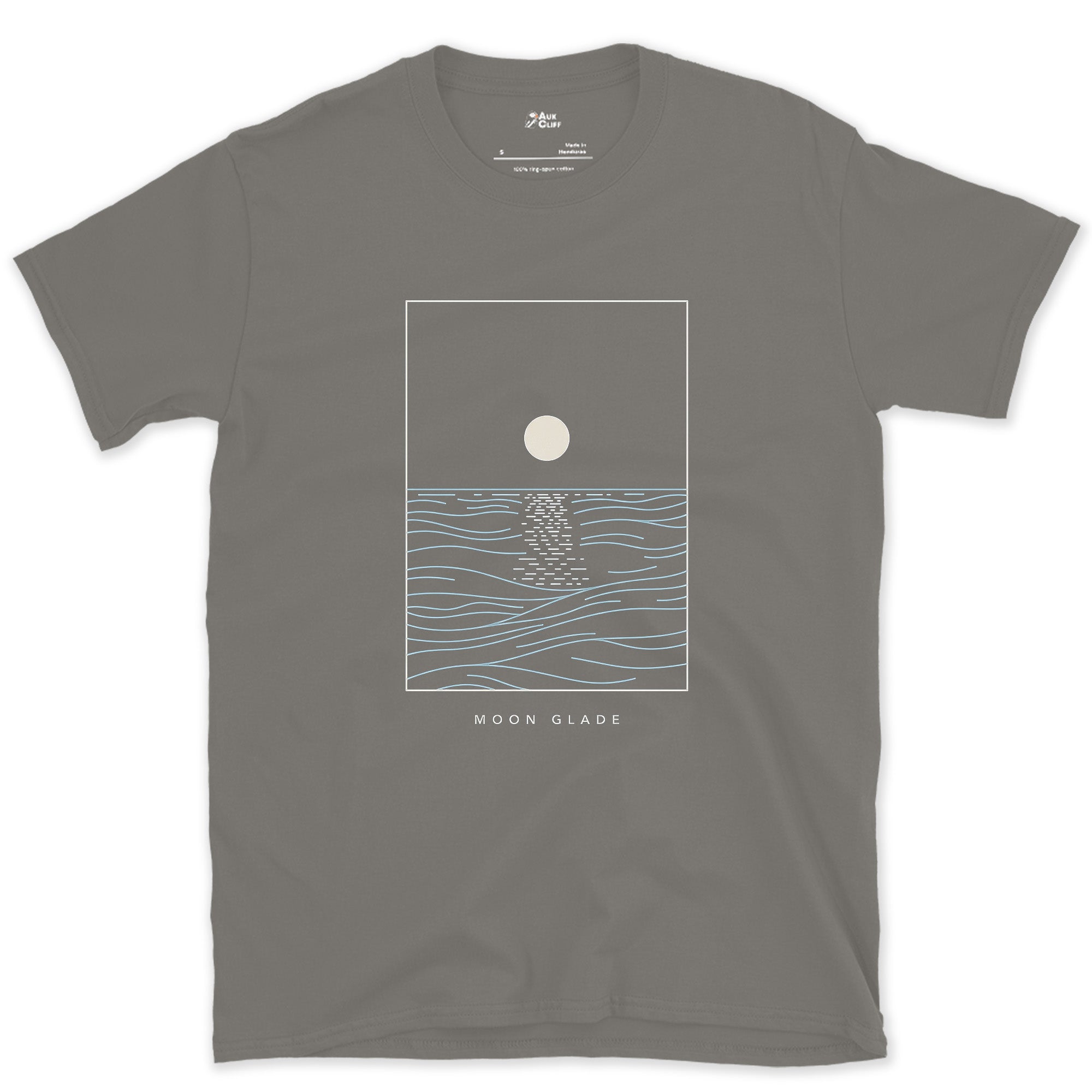 Moon Glade, Light Broken on the Water design on a Charcoal Gildan Softstyle t-shirt