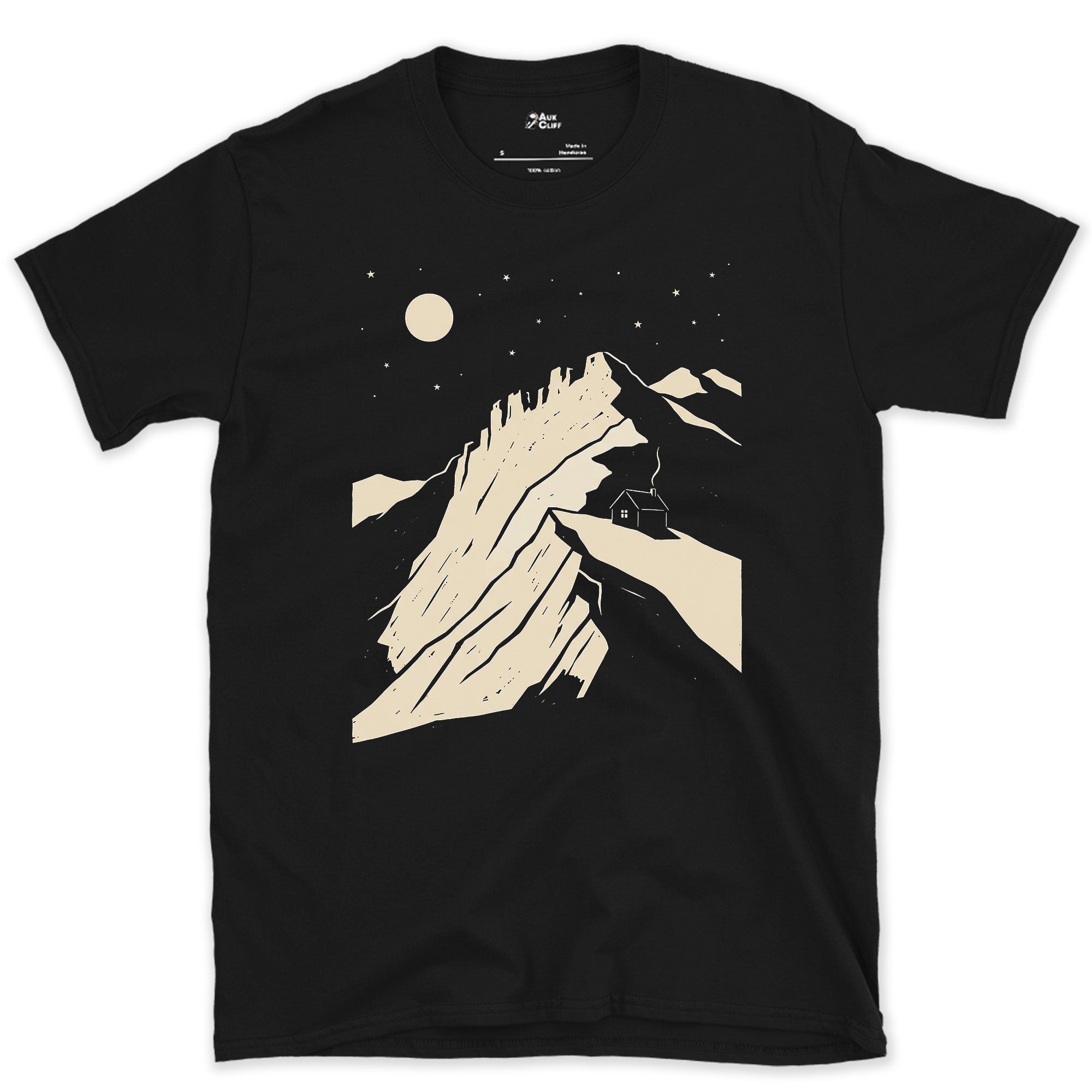 The Moon Comes Up Behind the Ridge design on a Black Gildan Softstyle t-shirt