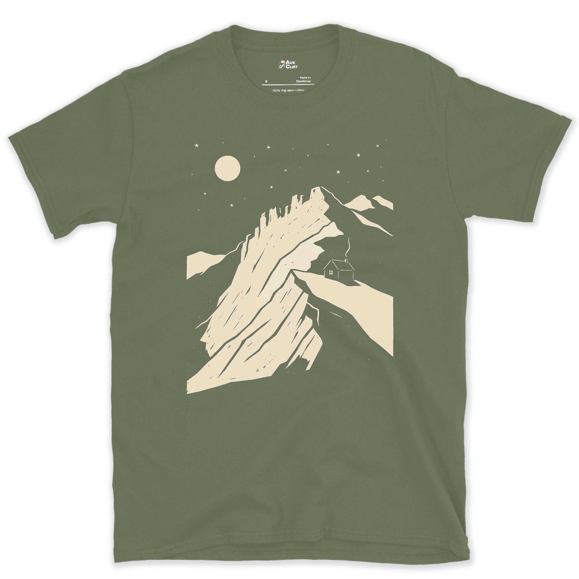 The Moon Comes Up Behind the Ridge design on a Military Green Gildan Softstyle t-shirt