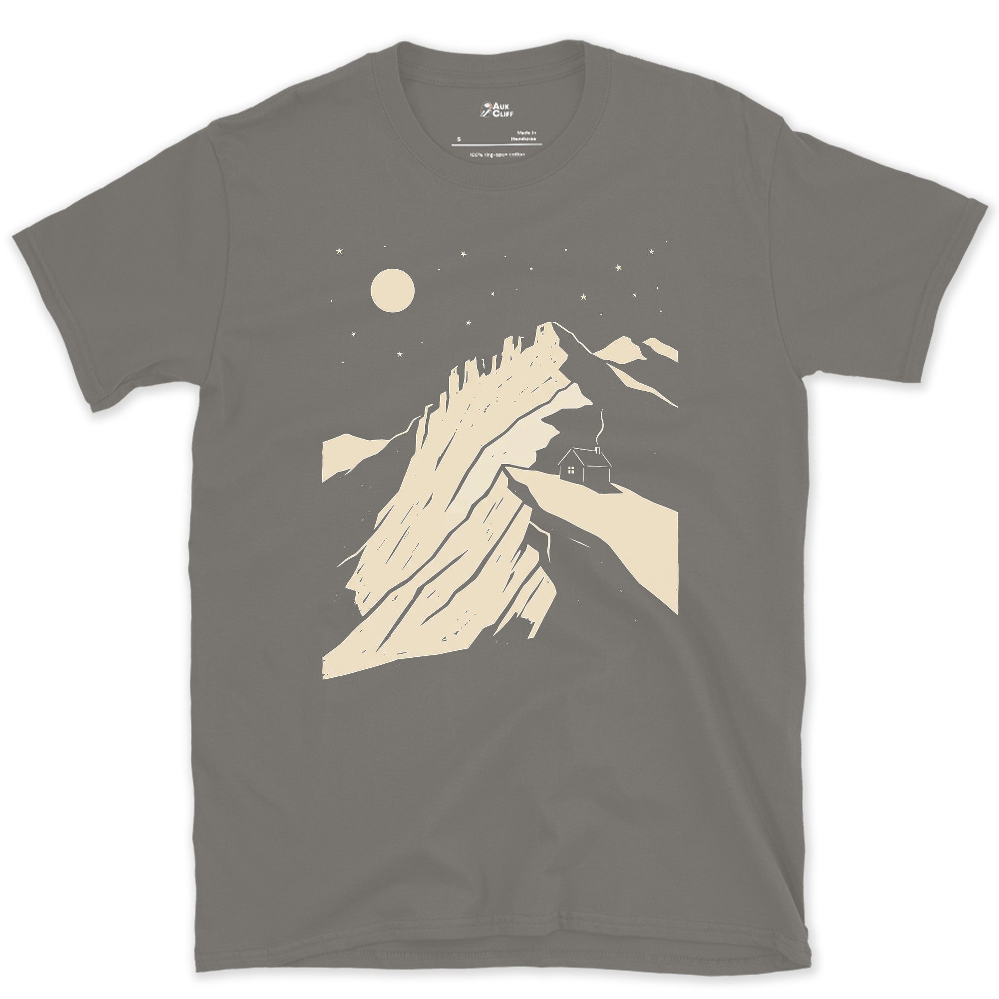 The Moon Comes Up Behind the Ridge design on a Charcoal Gildan Softstyle t-shirt