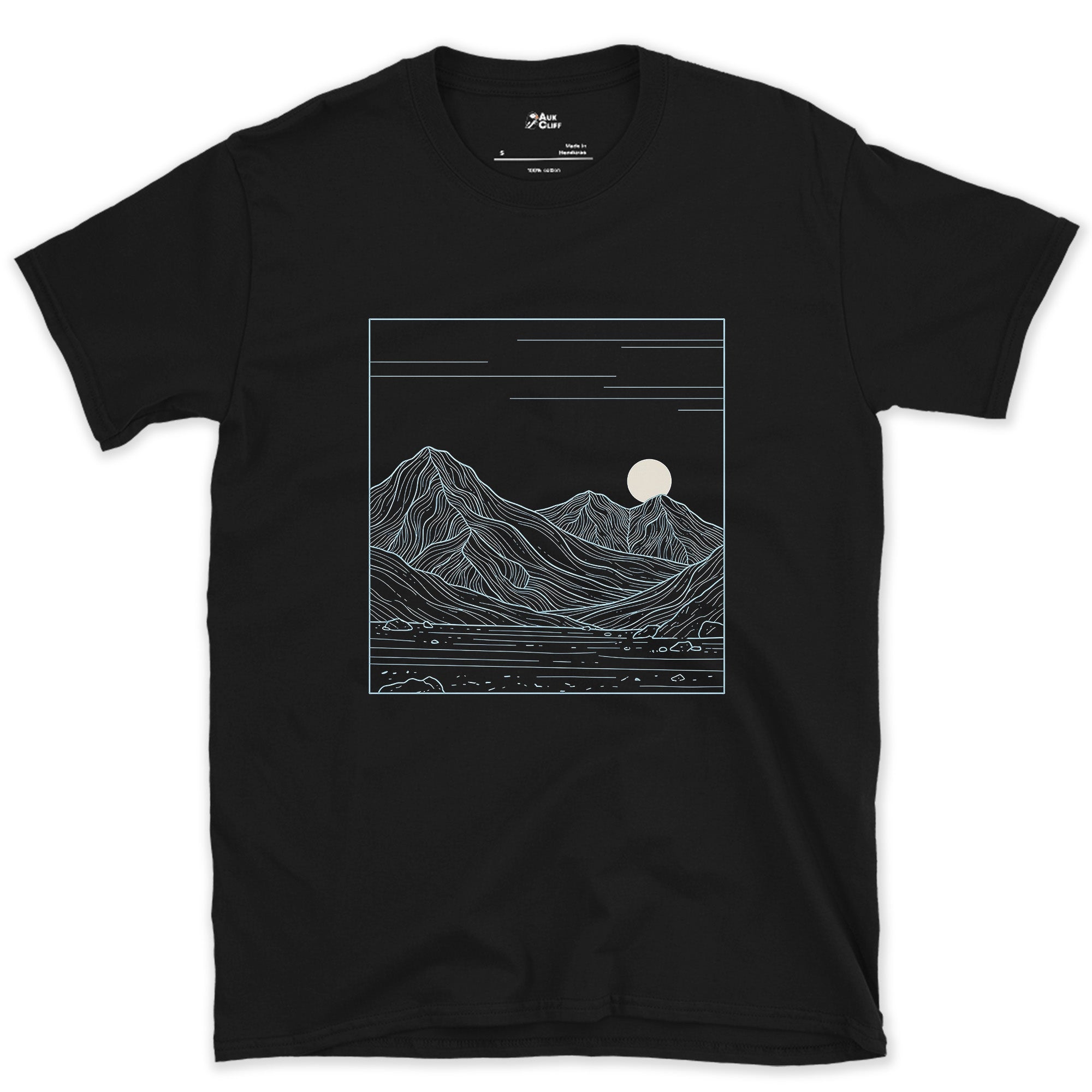 Peaks Stacked Under a Rising Moon design on a Black Gildan Softstyle t-shirt