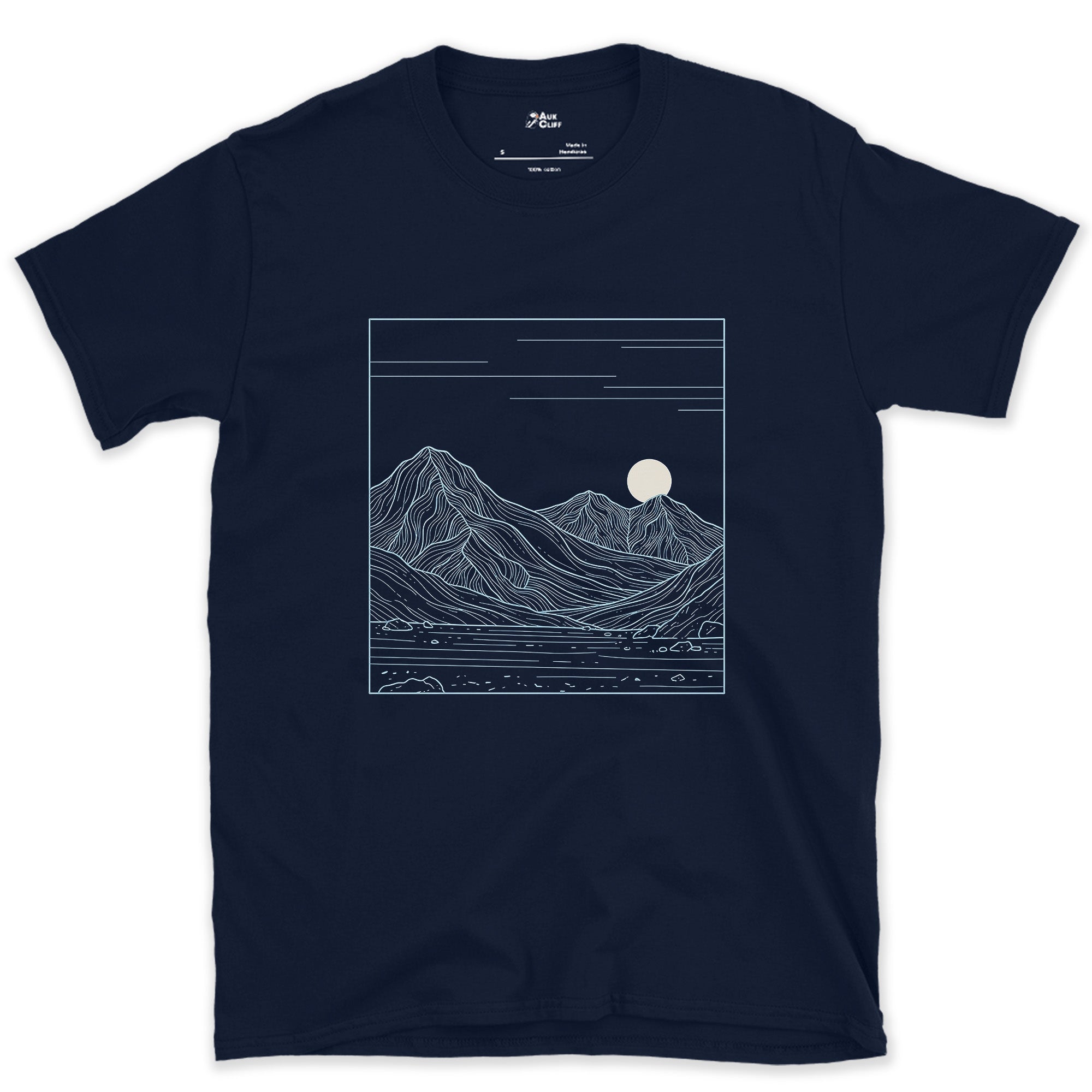 Peaks Stacked Under a Rising Moon design on a Navy Gildan Softstyle t-shirt