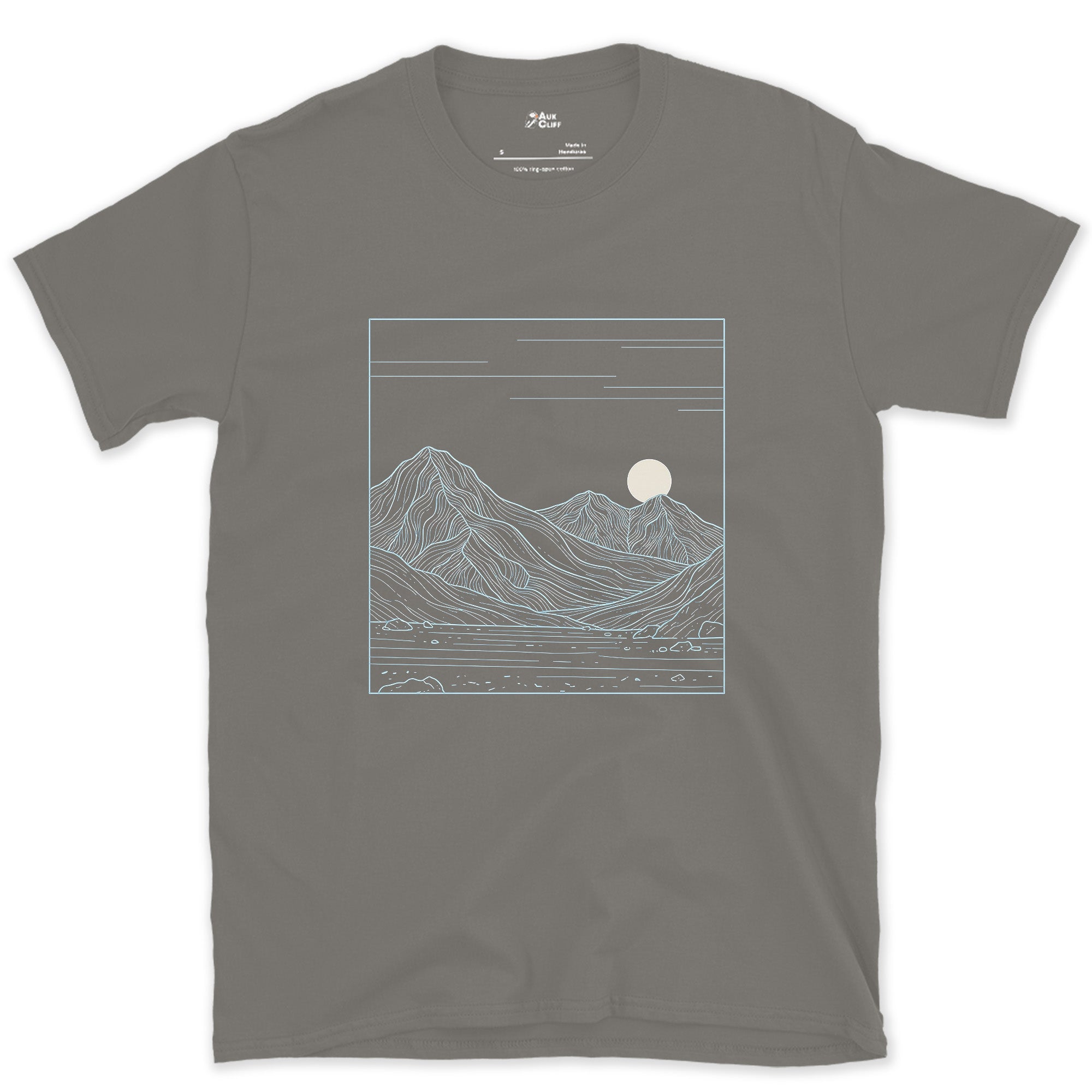 Peaks Stacked Under a Rising Moon design on a Charcoal Gildan Softstyle t-shirt