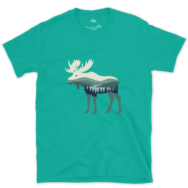 Moose Wearing the Whole Mountain design on a Jade Dome Gildan Softstyle t-shirt