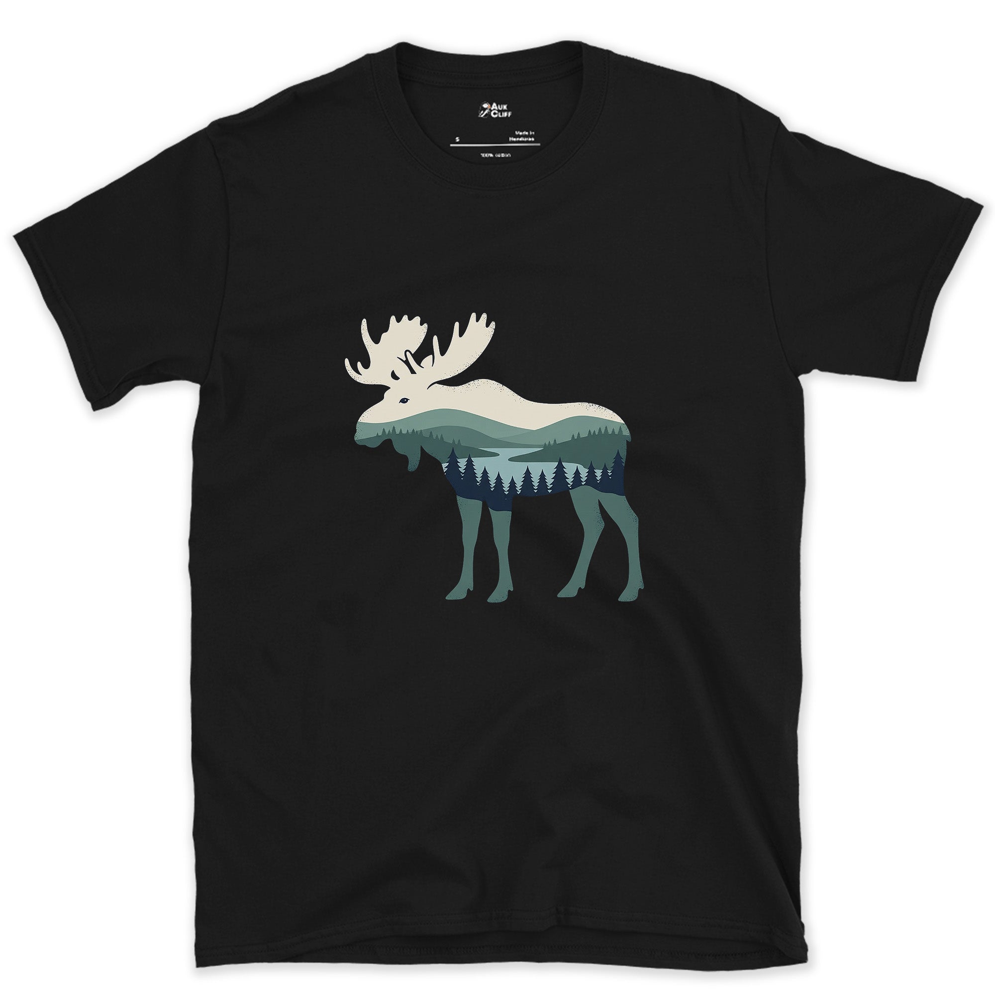 Moose Wearing the Whole Mountain design on a Black Gildan Softstyle t-shirt