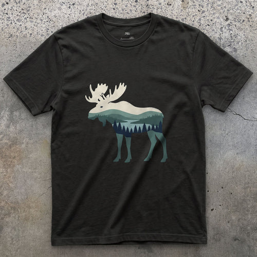 Moose Wearing the Whole Mountain design on a Black Gildan Softstyle t-shirt