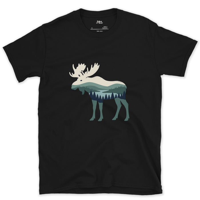 Moose Wearing the Whole Mountain design on a Black Gildan Softstyle t-shirt
